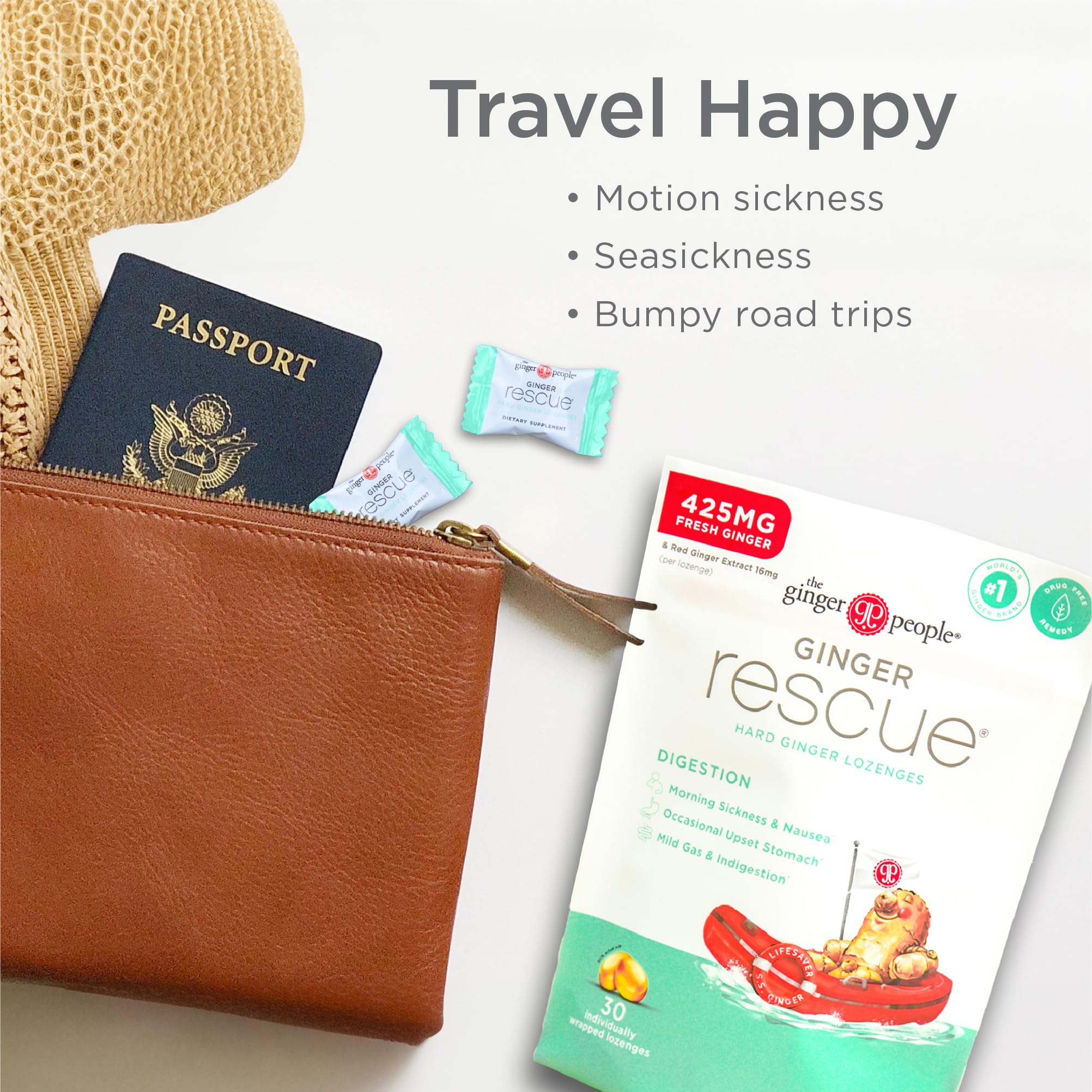 Ginger Rescue 30-count box with individually wrapped lozenges for travel