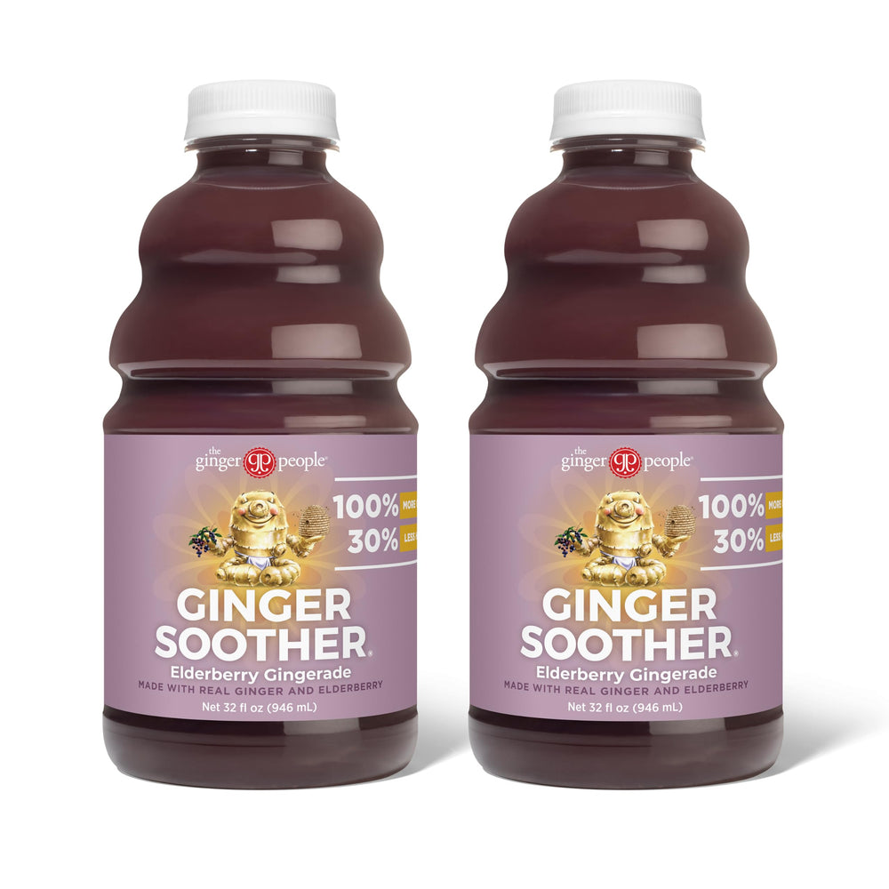 The Ginger People Ginger Soother Elderberry Gingerade bottle being poured for soothing warmth and immune-friendly sip.