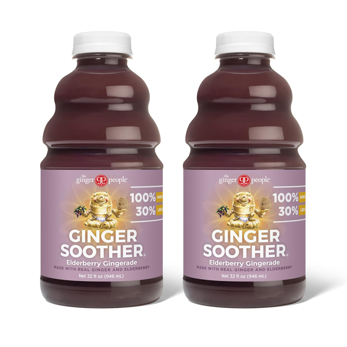 The Ginger People Ginger Soother Elderberry Gingerade bottle being poured for soothing warmth and immune-friendly sip.