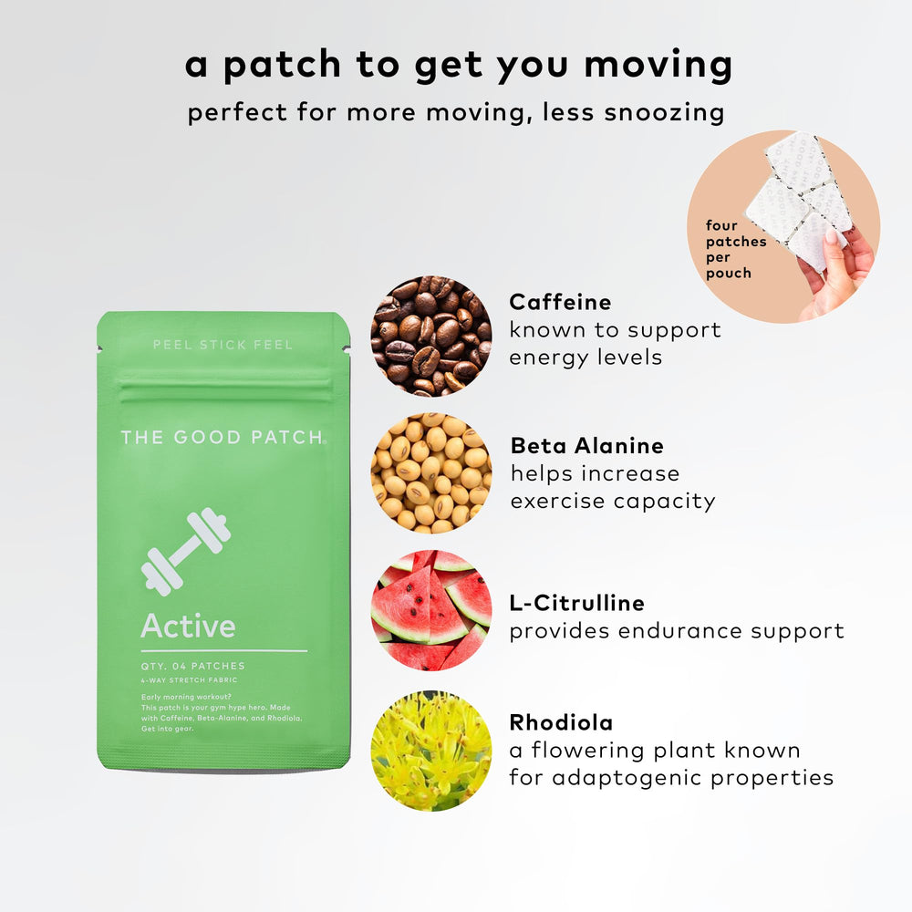Close-up of The Good Patch Active Patch showing caffeine and rhodiola.