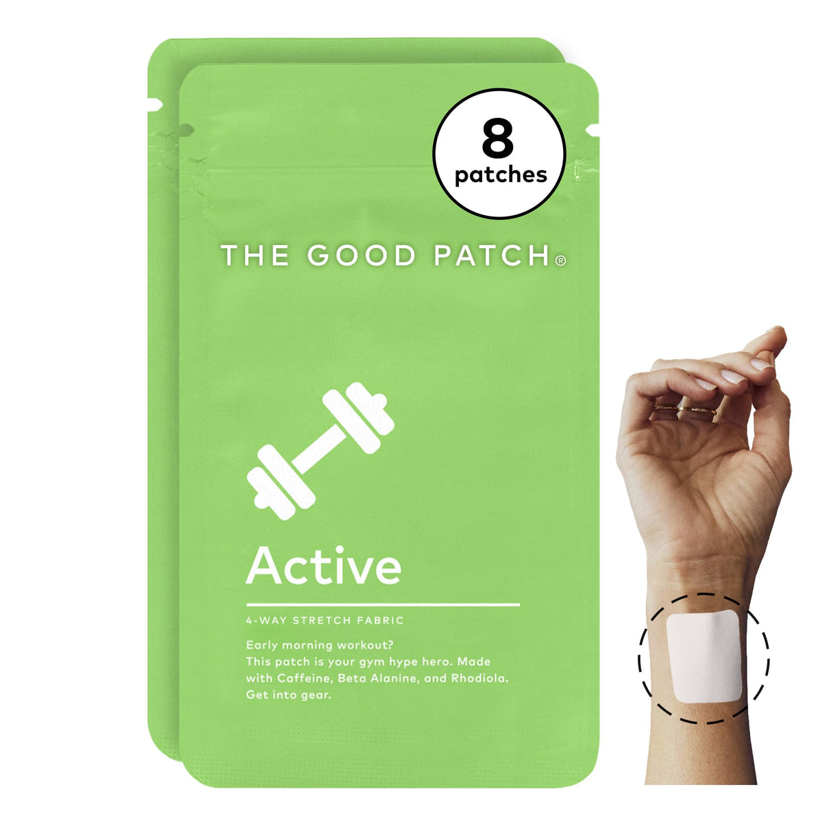 The Good Patch Active Patch on the wrist provides sustained energy for workouts.