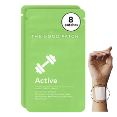 The Good Patch Active Patch on the wrist provides sustained energy for workouts.