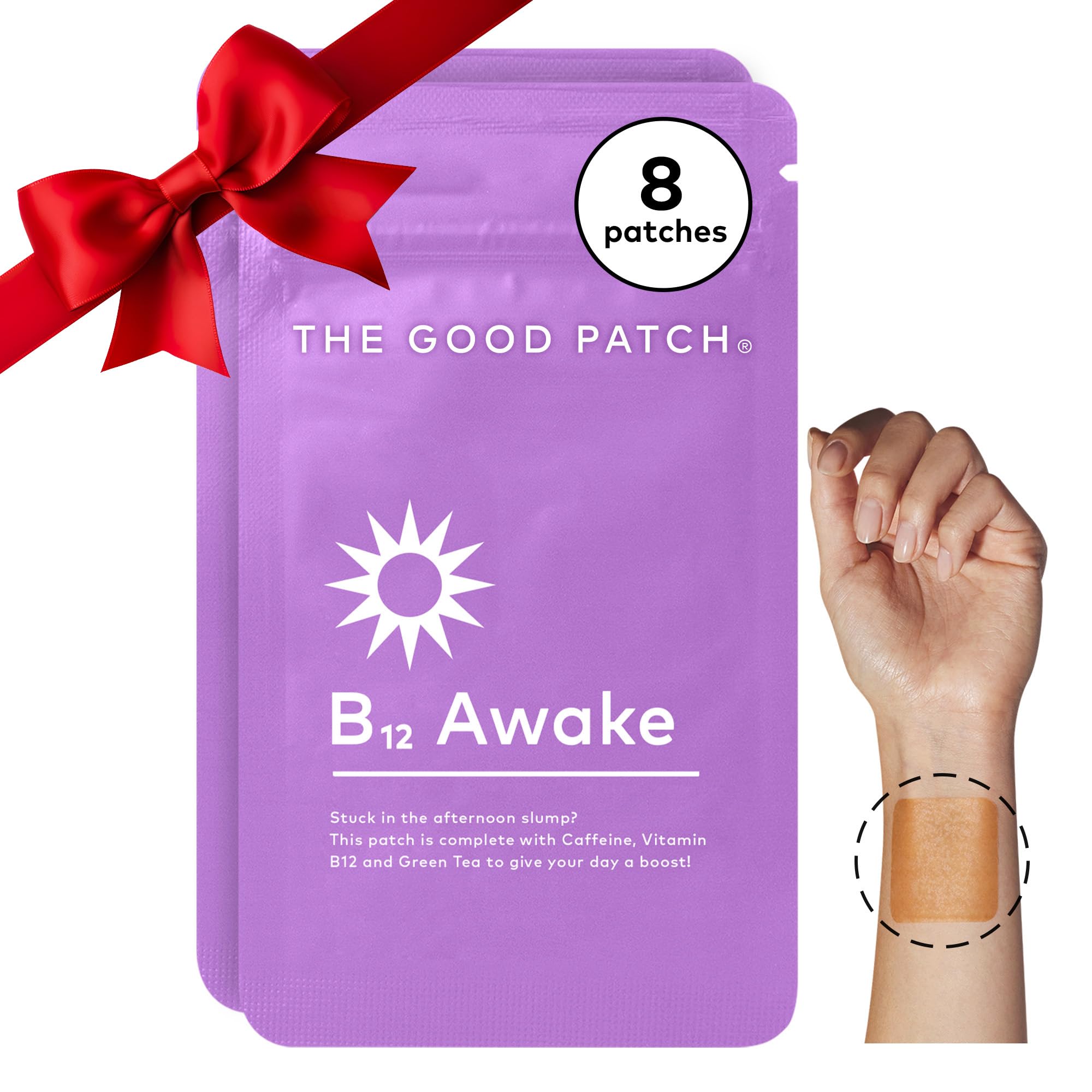 The Good Patch B12 Awake patch box showing natural caffeine and green tea ingredients.