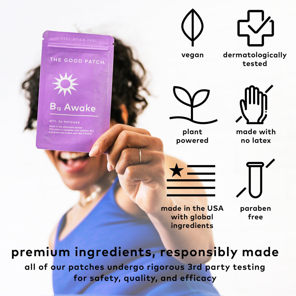 The Good Patch B12 Awake close-up highlights skin-friendly, latex-free design.