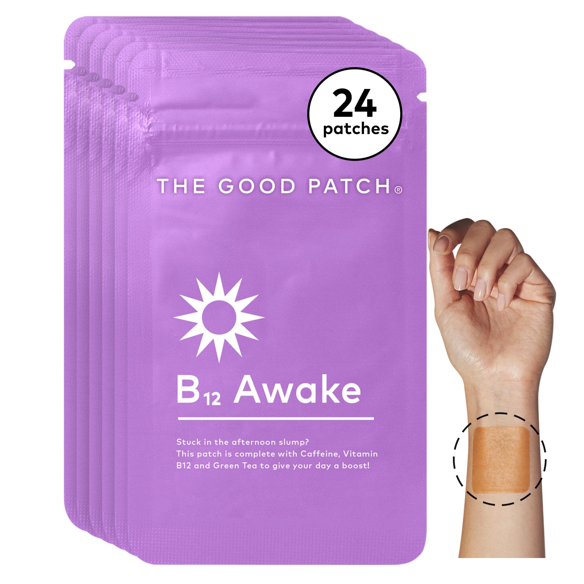 The Good Patch B12 Awake patch applied to inner wrist for discreet energy boost.