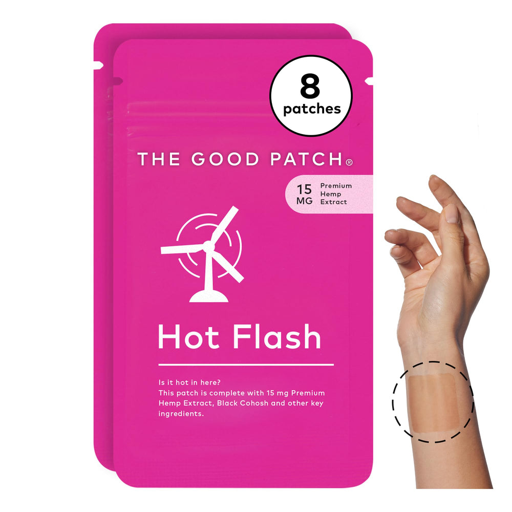 The Good Patch hot flash patch on the wrist offers discreet, sustained relief.