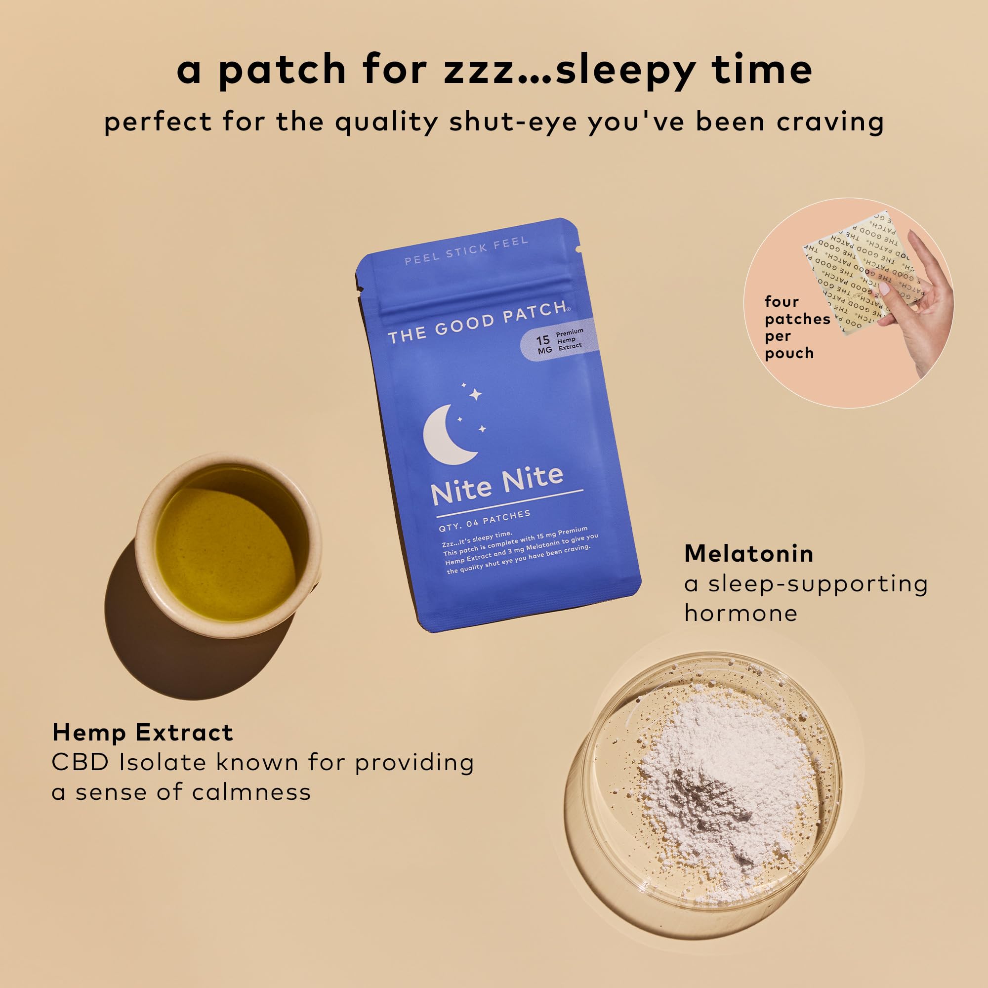 The Good Patch Nite Nite patch close-up highlights hemp and melatonin blend.