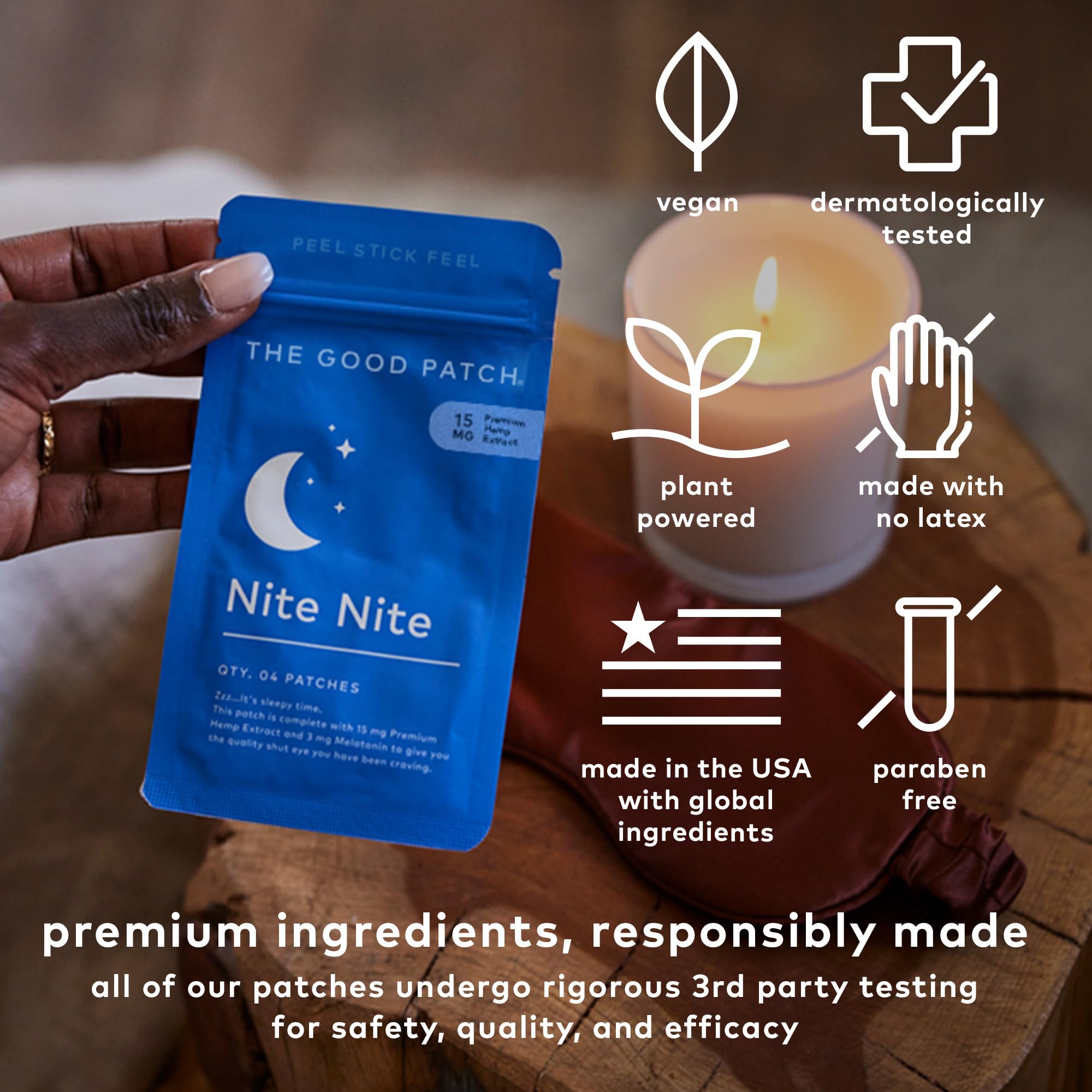 The Good Patch Nite Nite patch ingredients visual emphasizes plant-powered care.