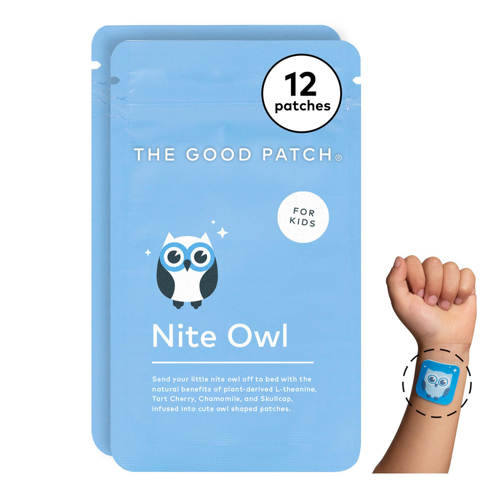 The Good Patch Nite Owl patch on skin for a soothing bedtime routine.