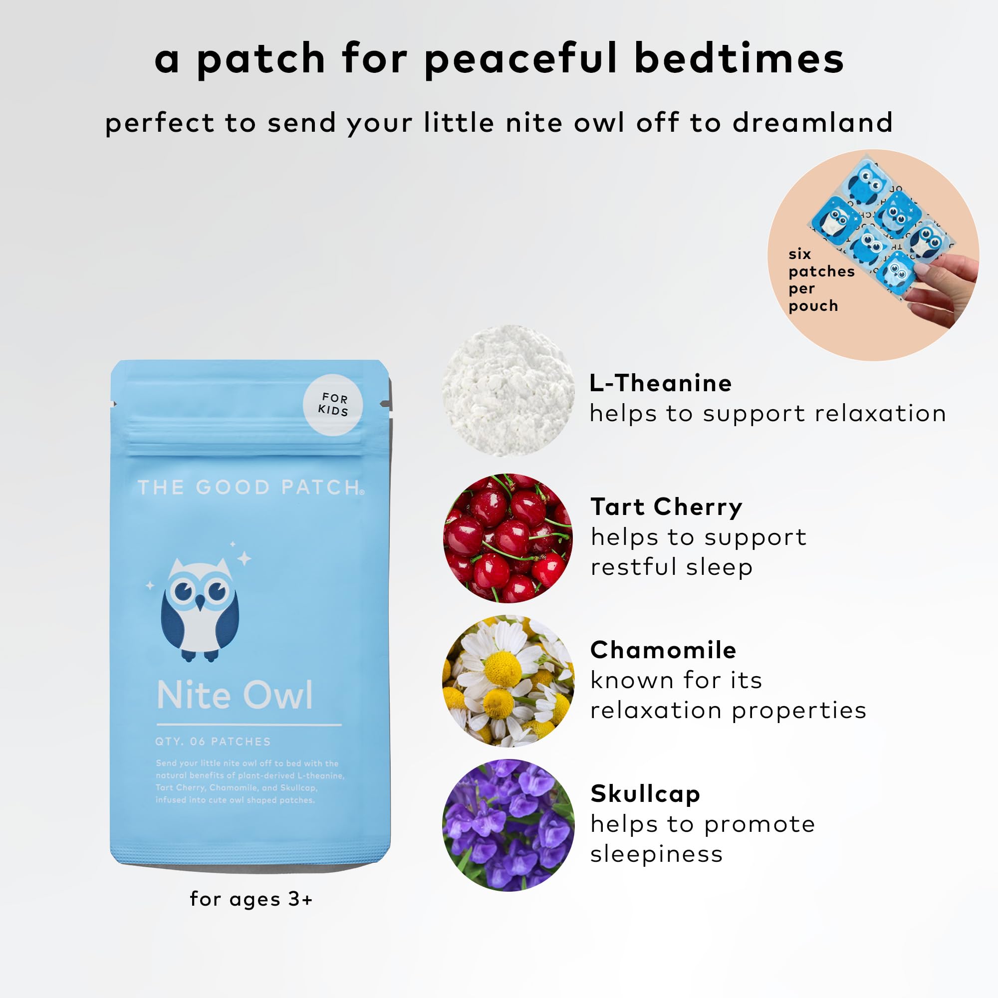 The Good Patch Nite Owl packaging highlights tart cherry, chamomile, and skullcap ingredients.