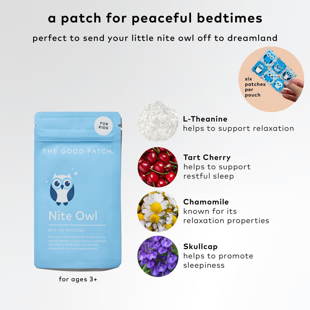 The Good Patch Nite Owl packaging highlights tart cherry, chamomile, and skullcap ingredients.