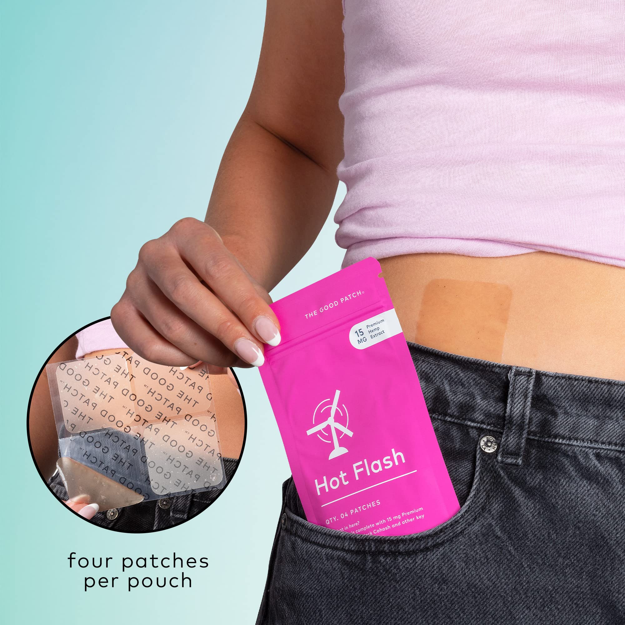 The Good Patch plant-powered ingredients label features hemp extract and black cohosh.