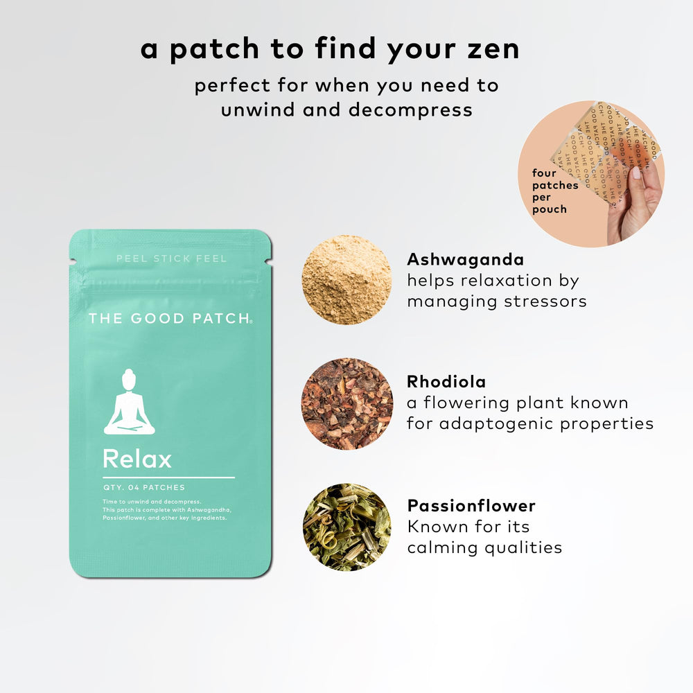 The Good Patch Relax packaging front showing four-patch reseal packs for on-the-go use.