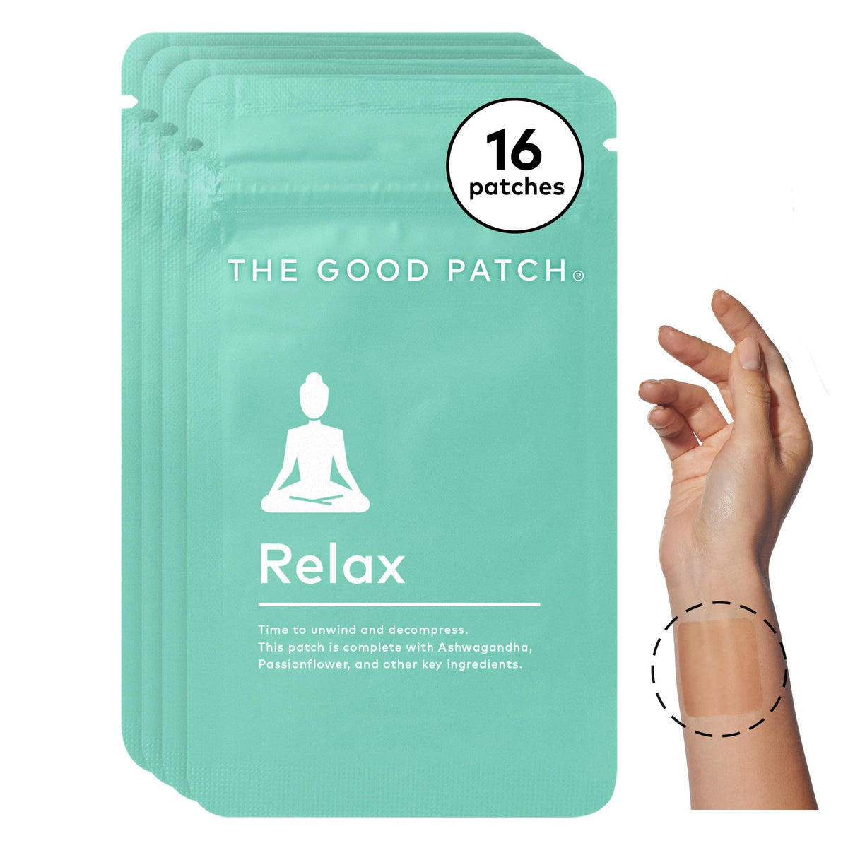 The Good Patch Relax patch on the inner wrist for discreet unwinding.