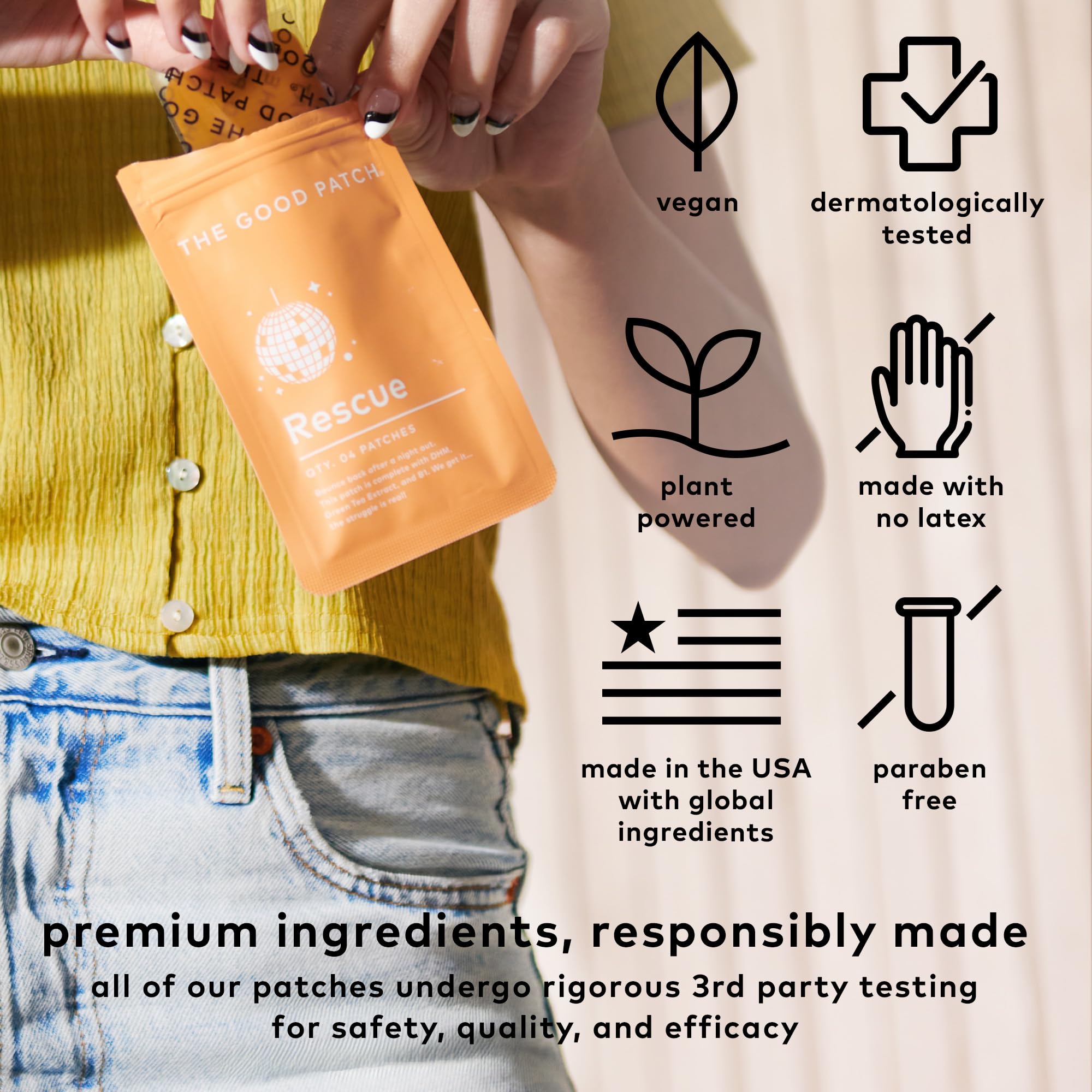The Good Patch Rescue Recovery Patch ingredients DHM, green tea, and vitamin B1 for plant-powered support.
