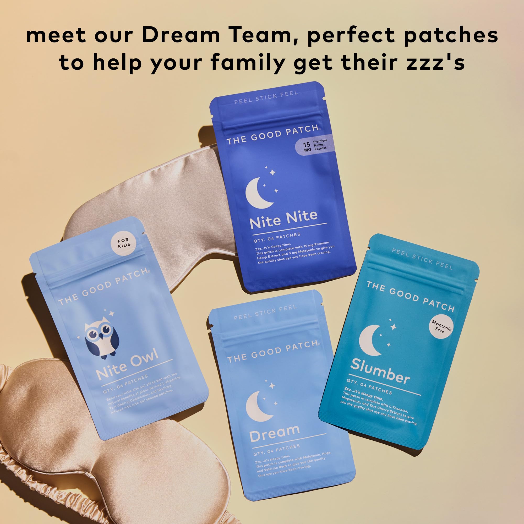 Flat lay of The Good Patch Slumber patch and accessories for nightly ritual