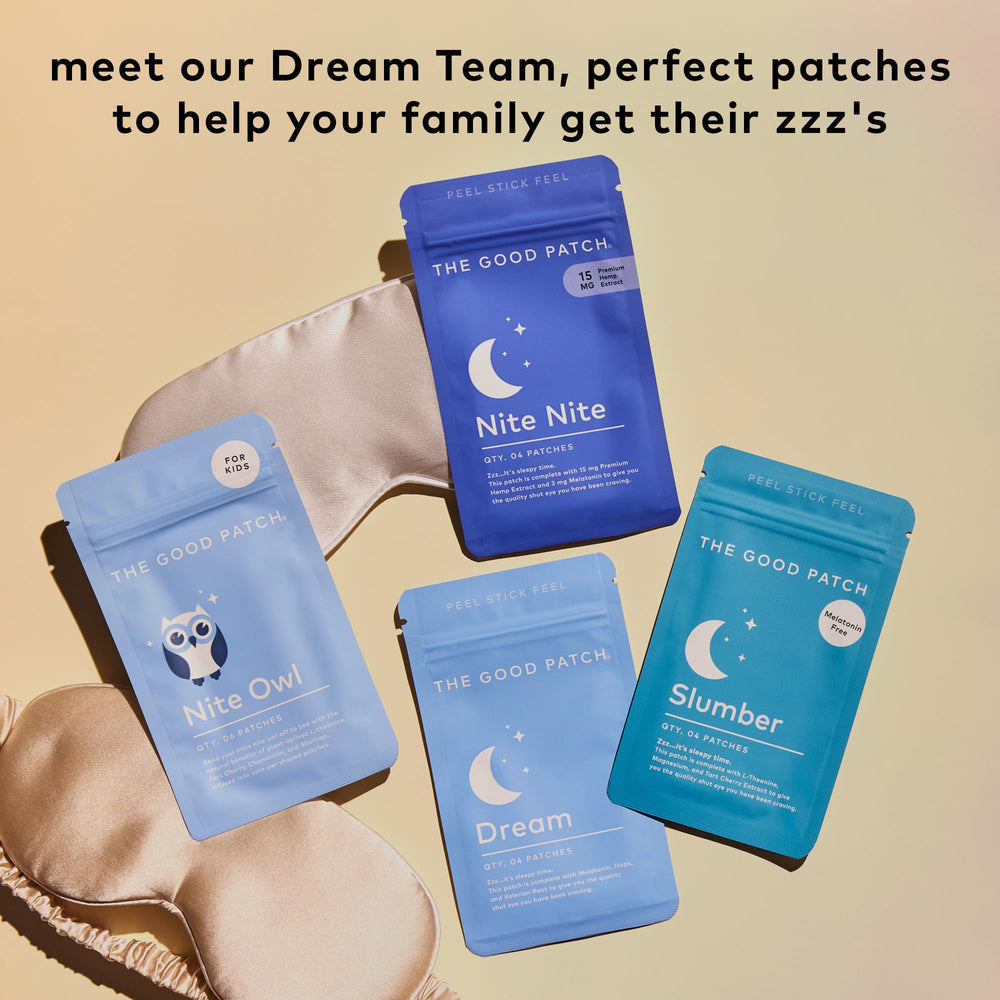 Flat lay of The Good Patch Slumber patch and accessories for nightly ritual