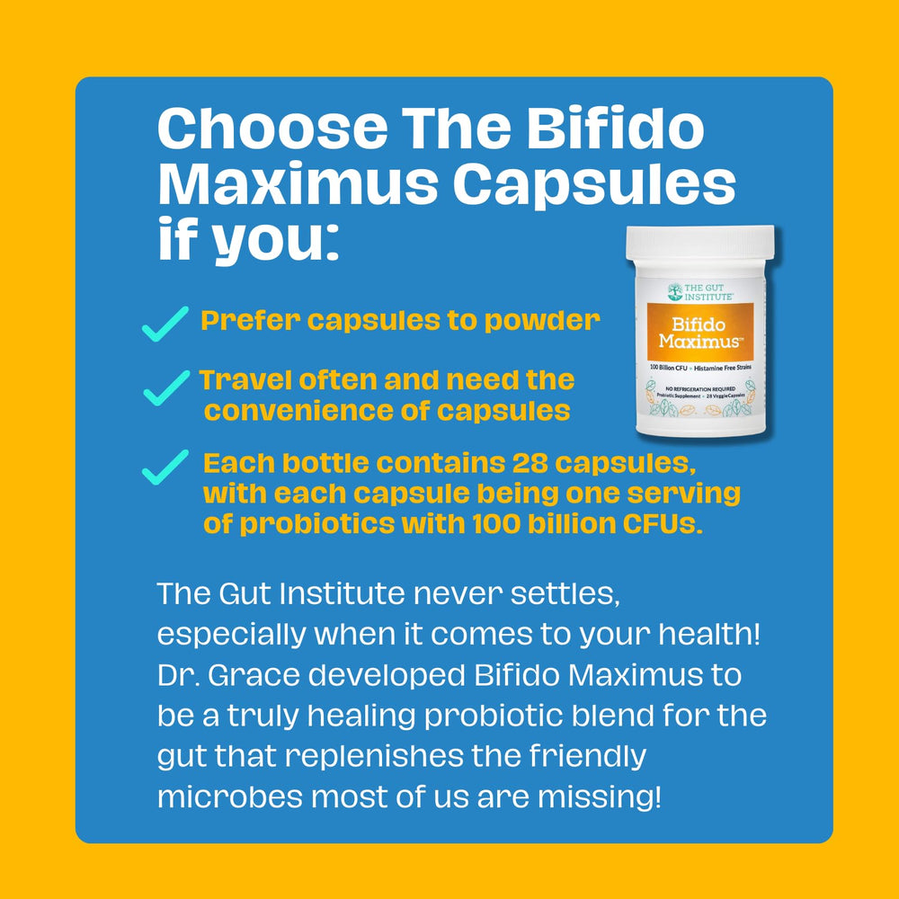 The Gut Institute Bifido Maximus on-the-go image suggests travel-friendly daily use.