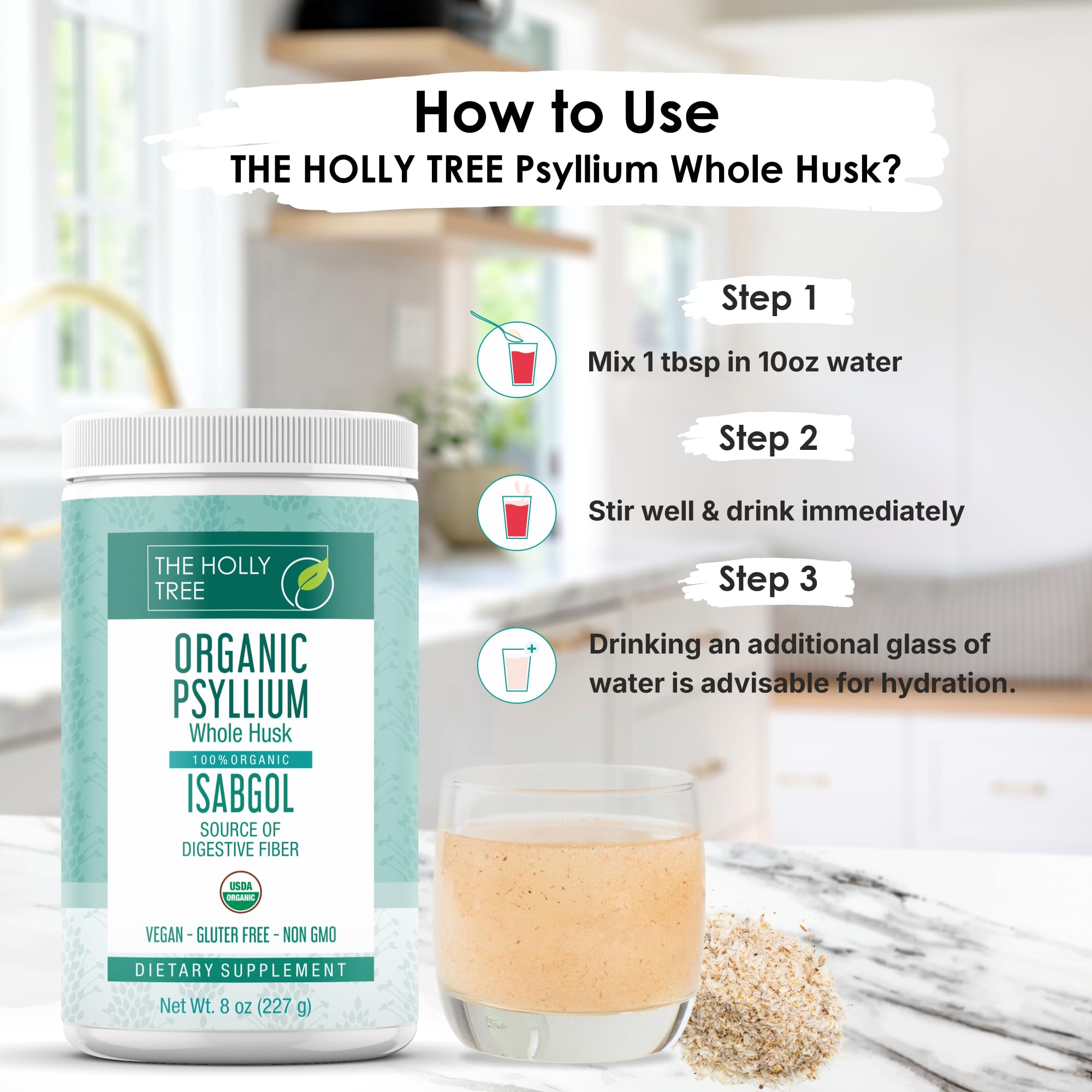 8 oz container with scoop emphasizes vegan, gluten-free, and non-GMO credentials.