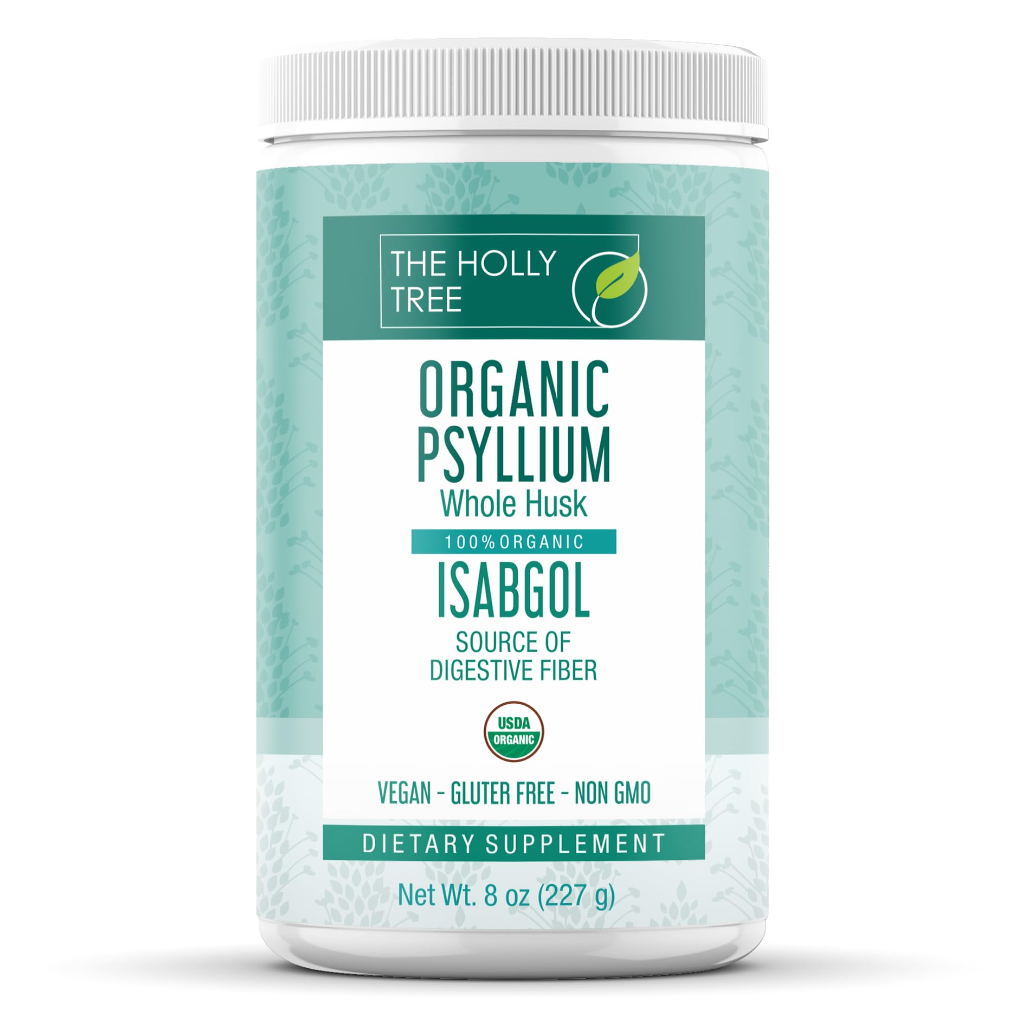 The Holly Tree Psyllium Husk Powder jar shows organic fiber for daily digestive support.