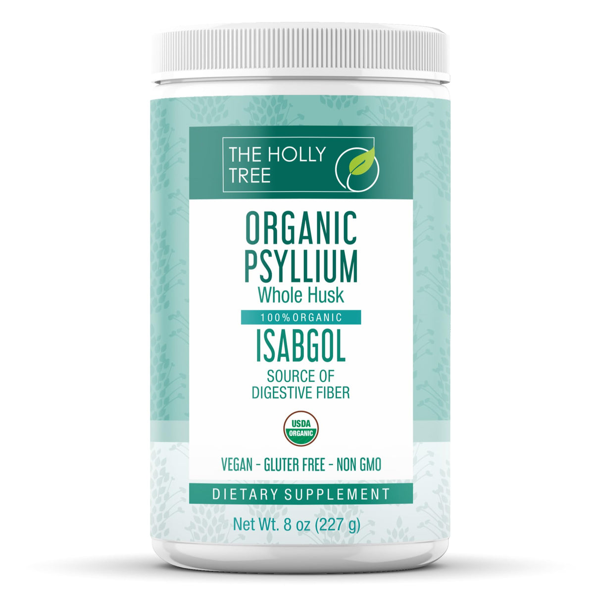 The Holly Tree Psyllium Husk Powder jar shows organic fiber for daily digestive support.