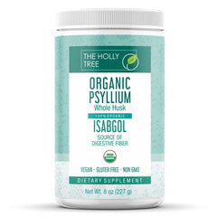The Holly Tree Psyllium Husk Powder jar shows organic fiber for daily digestive support.