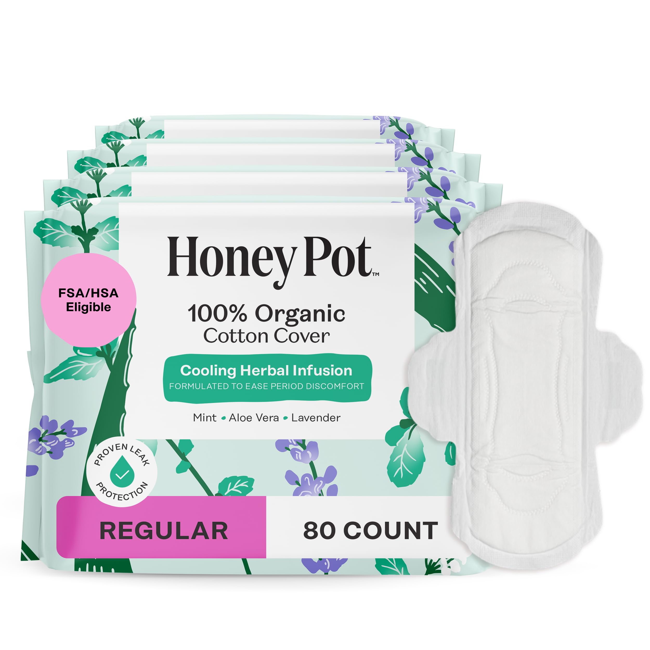 The Honey Pot 80 count herbal regular pads with wings provide daily protection.