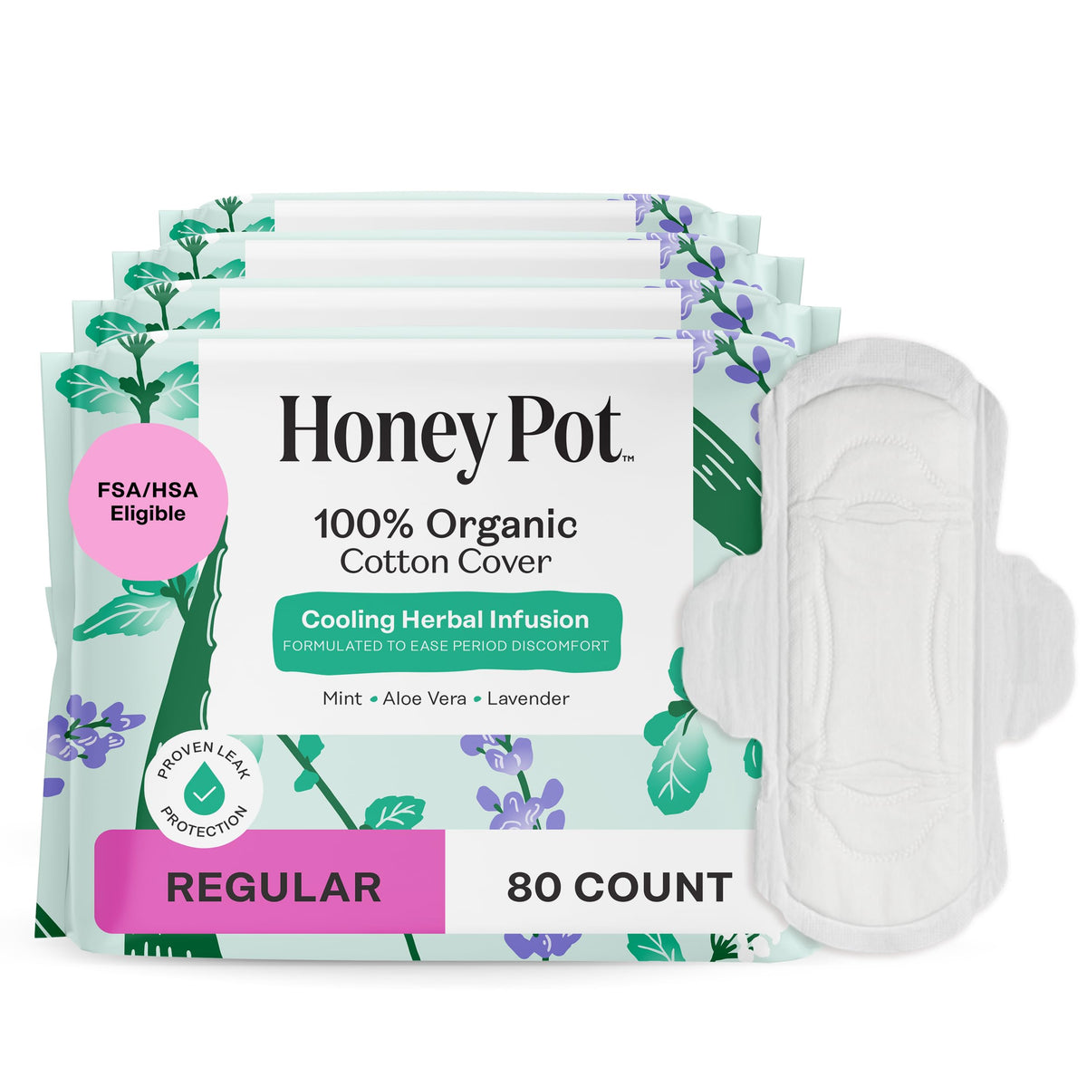 The Honey Pot 80 count herbal regular pads with wings provide daily protection.