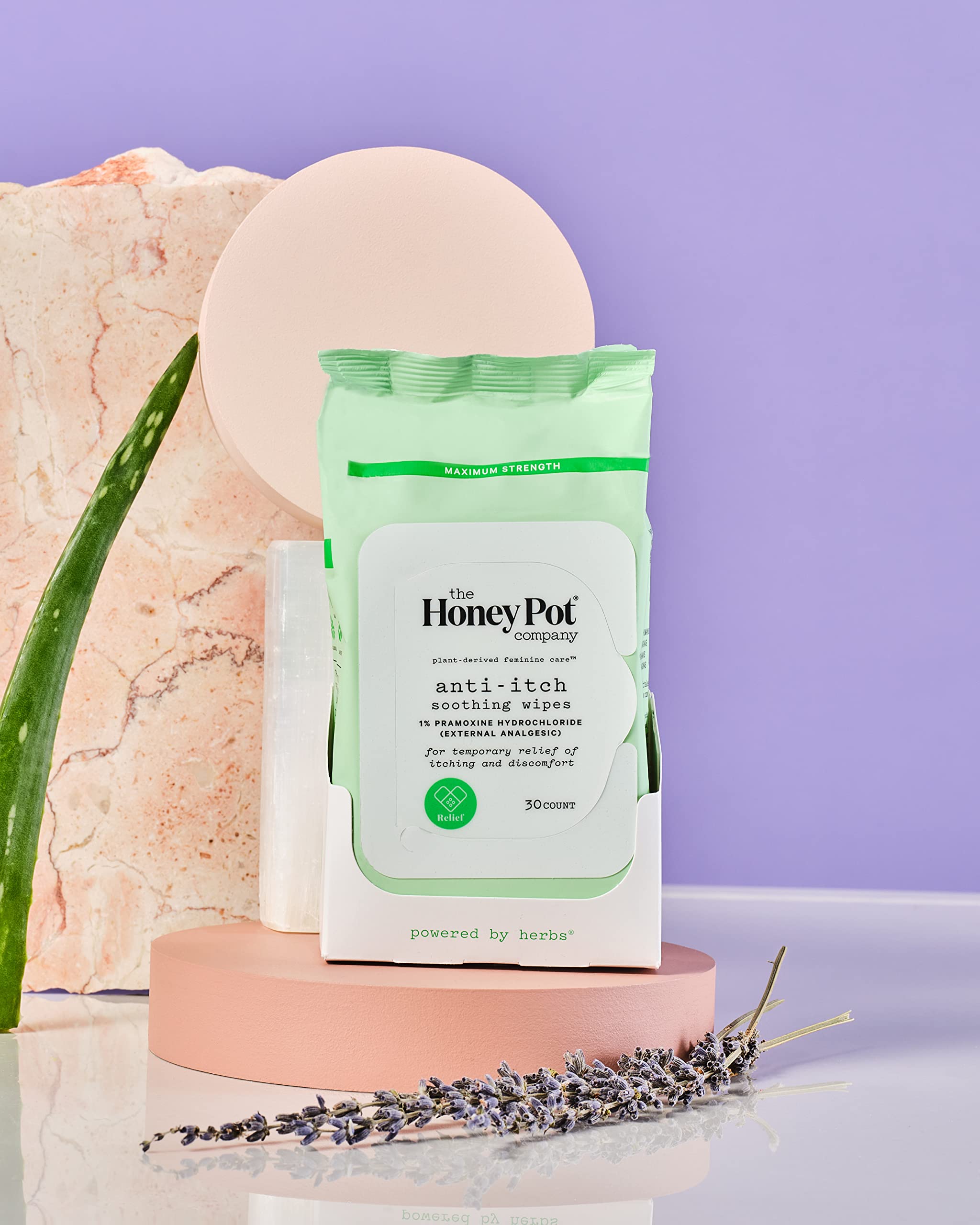 Lavender-infused wipes from The Honey Pot provide calm, soothing comfort.