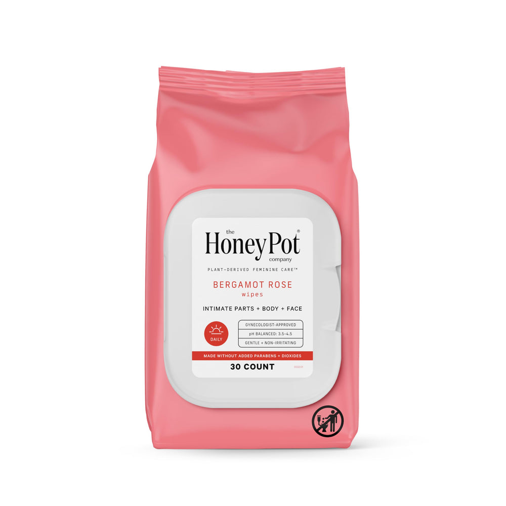 The Honey Pot Bergamot Rose Feminine Wipes front pack showing label for daily freshness and pH balance.