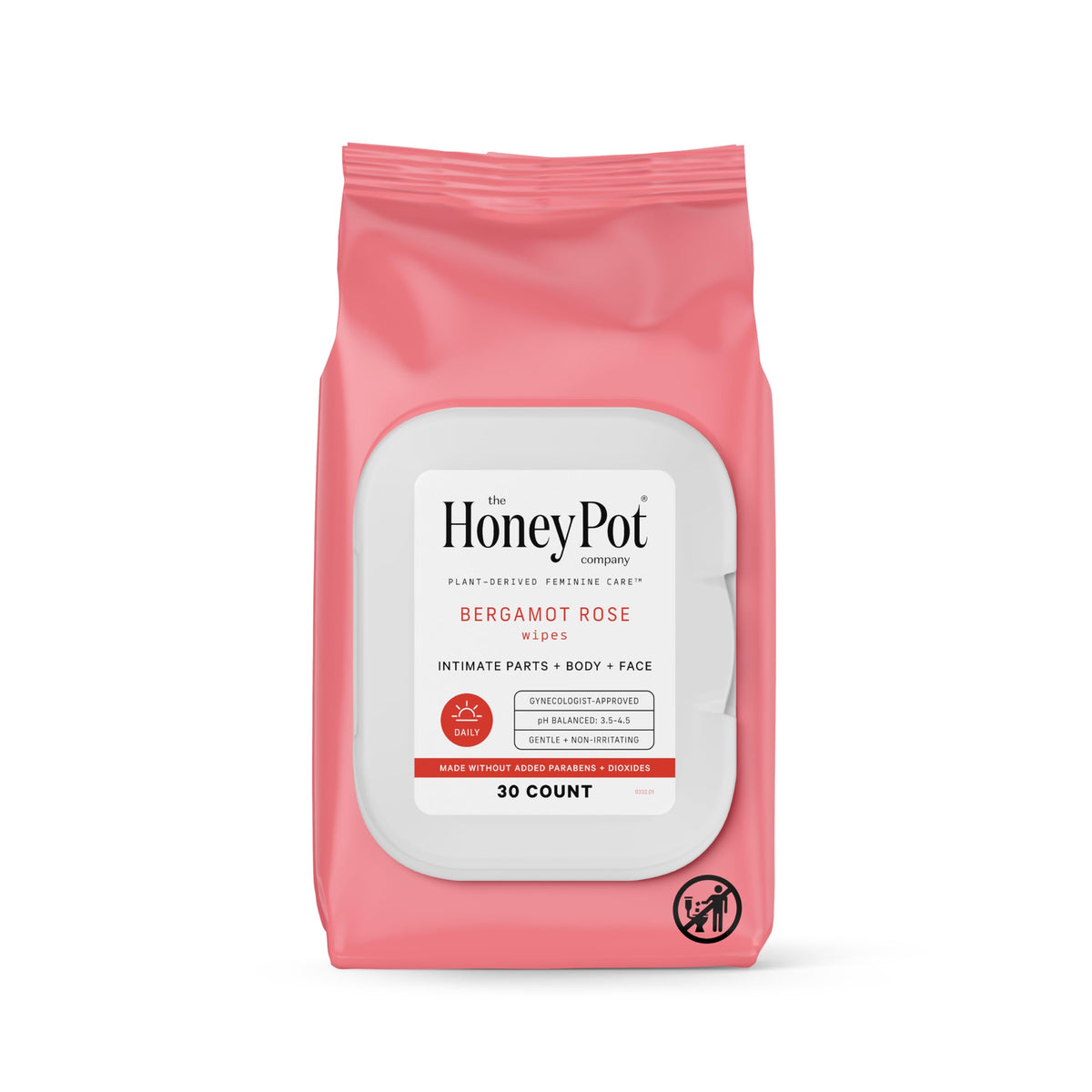 The Honey Pot Bergamot Rose Feminine Wipes front pack showing label for daily freshness and pH balance.