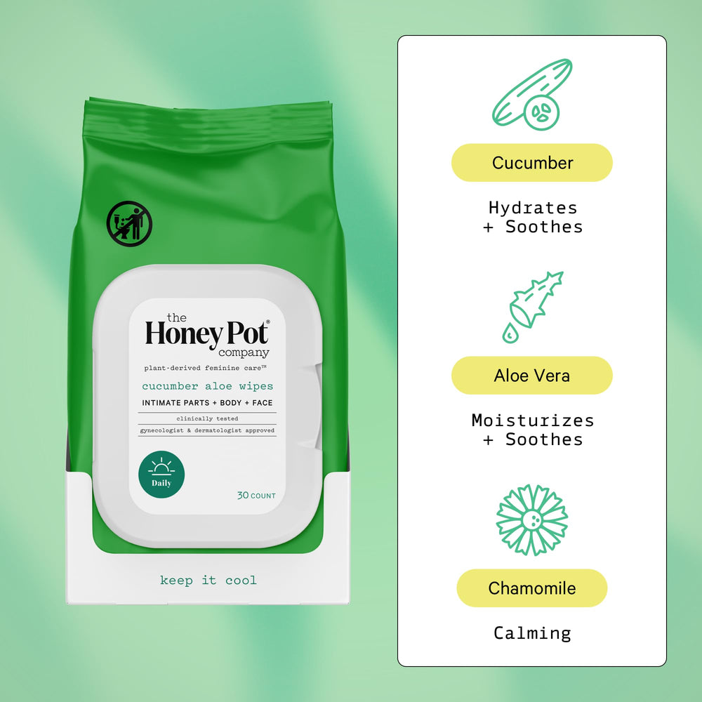 Open pack of The Honey Pot Cucumber Aloe Wipes for on-the-go cleansing and refresh.