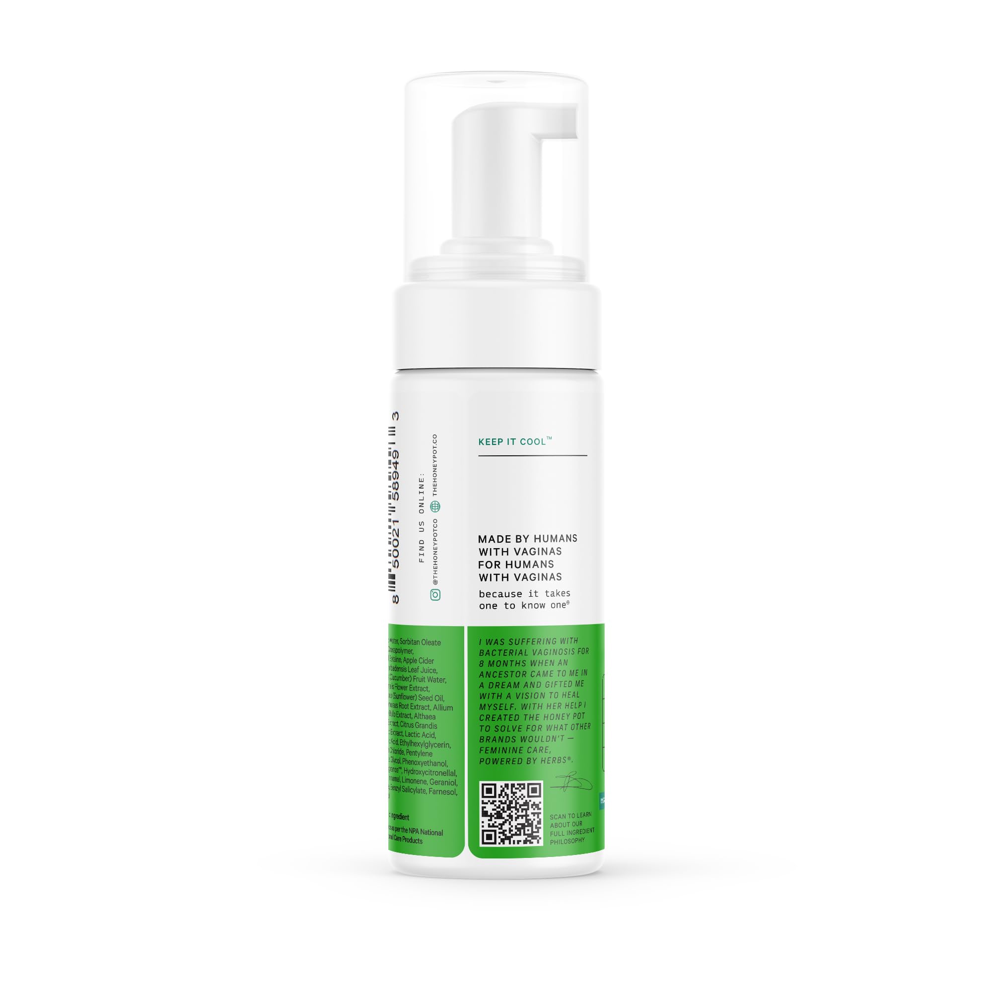 The Honey Pot Cucumber Aloe Wash label mentions dermatologist-tested care.
