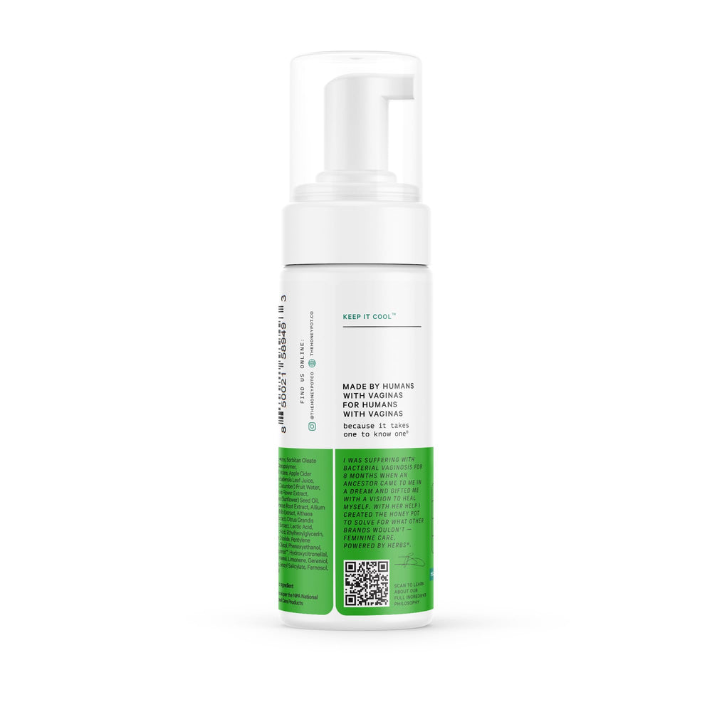 The Honey Pot Cucumber Aloe Wash label mentions dermatologist-tested care.