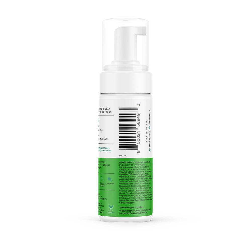 The Honey Pot Cucumber Aloe Wash on a bathroom shelf ready for routine.