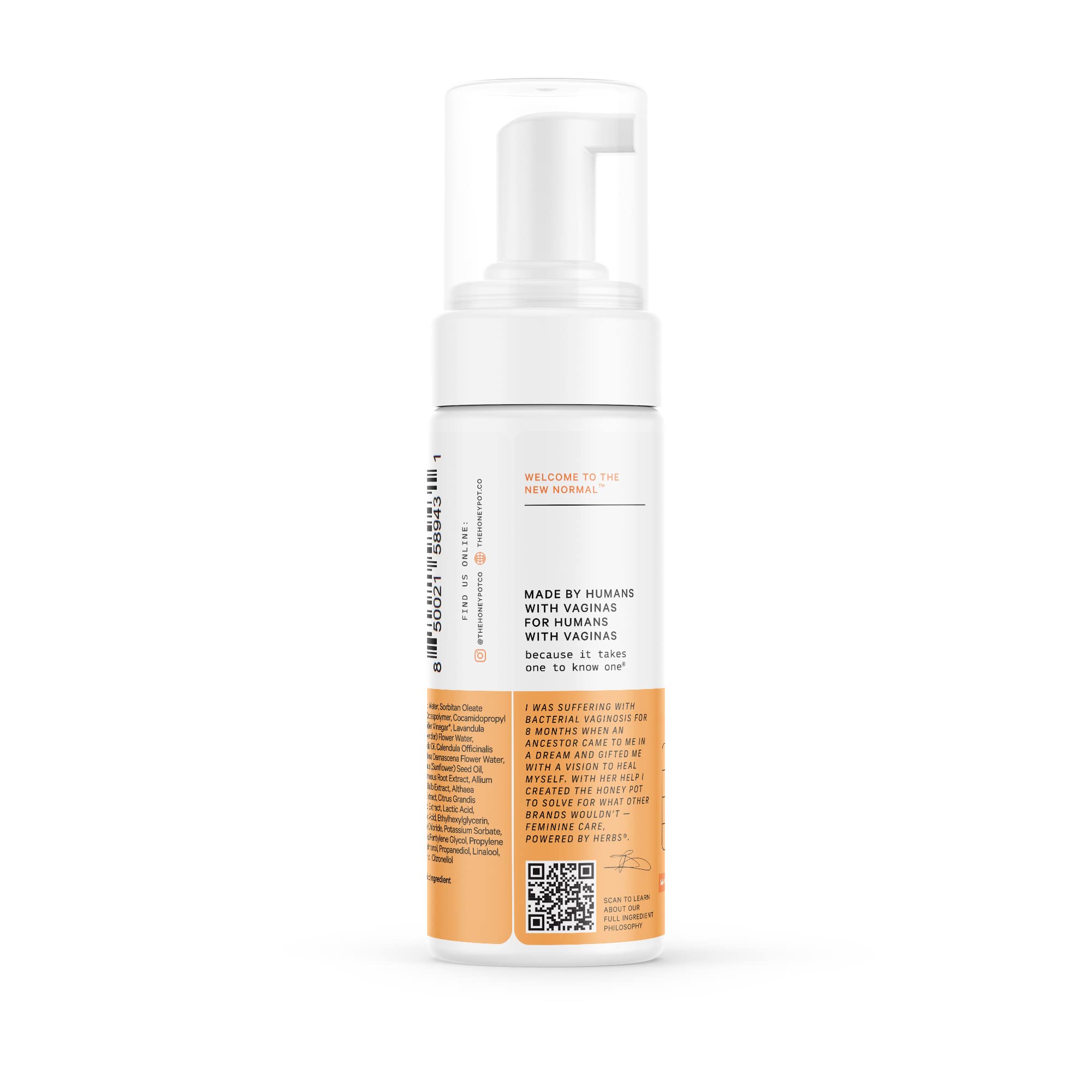 The Honey Pot feminine wash with herb ingredients pairs with warm water for gentle cleansing.