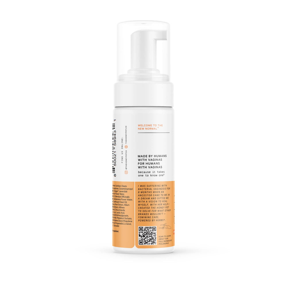 The Honey Pot feminine wash with herb ingredients pairs with warm water for gentle cleansing.