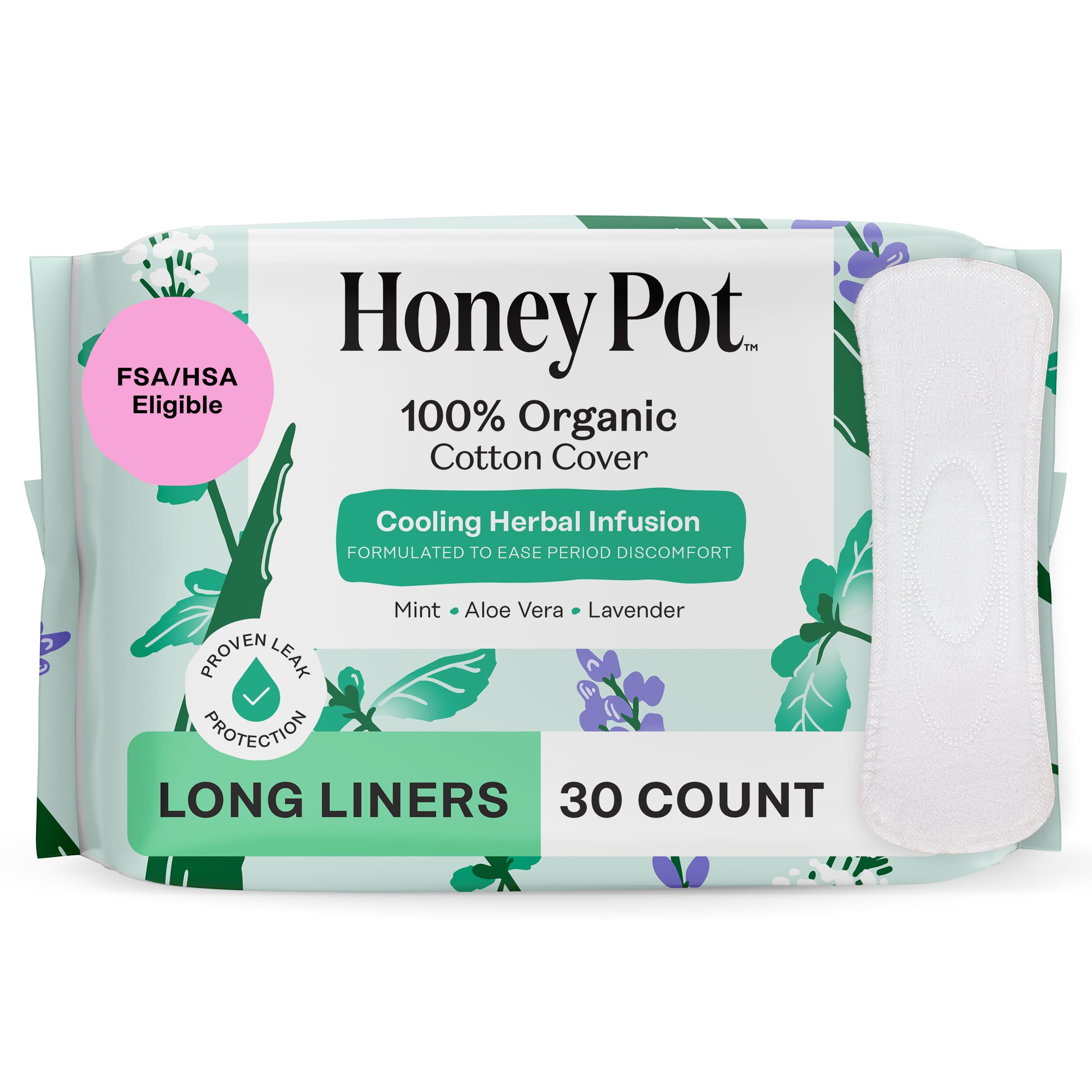 The Honey Pot herbal long pantiliner two sizes pack for light days with cooling.