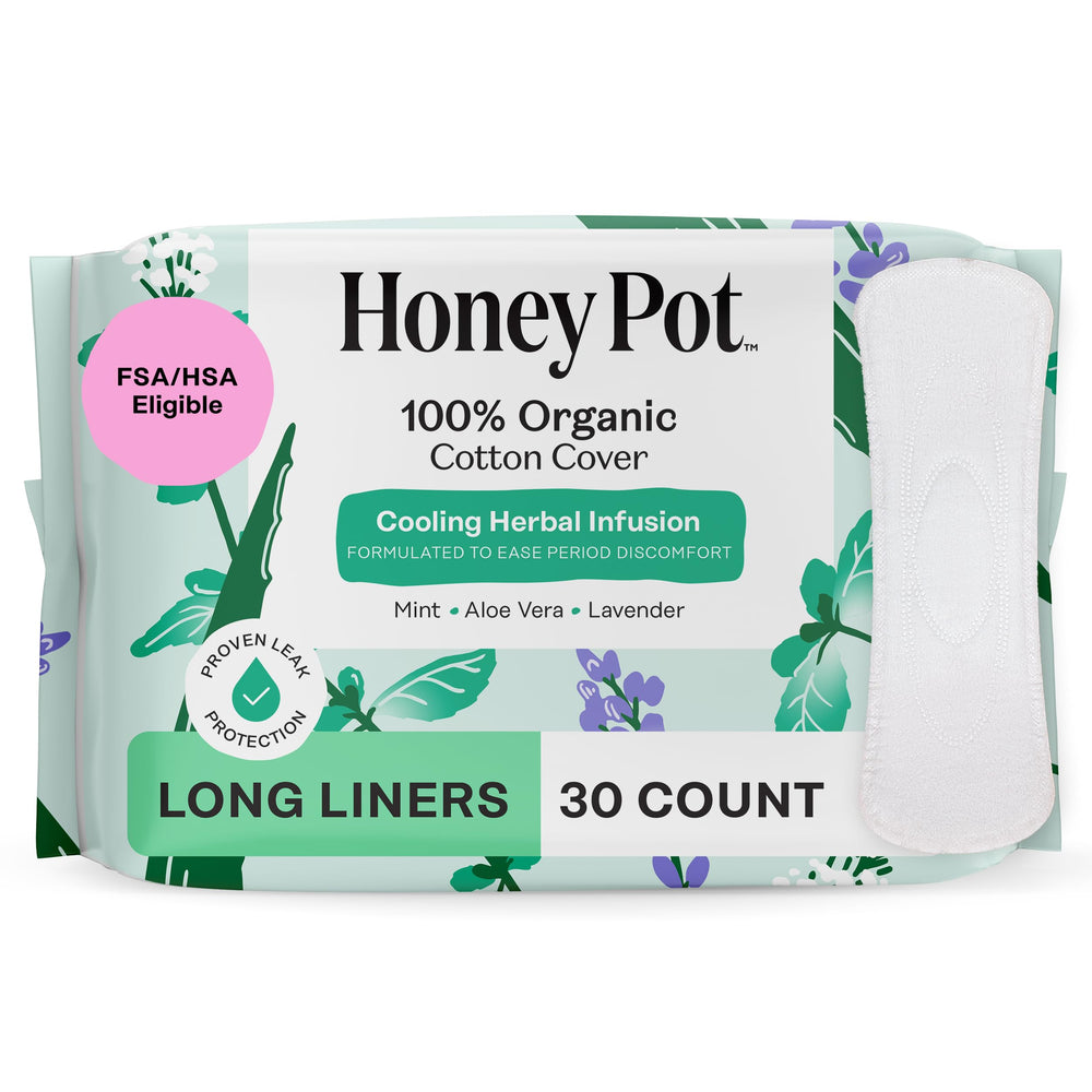 The Honey Pot herbal long pantiliner two sizes pack for light days with cooling.