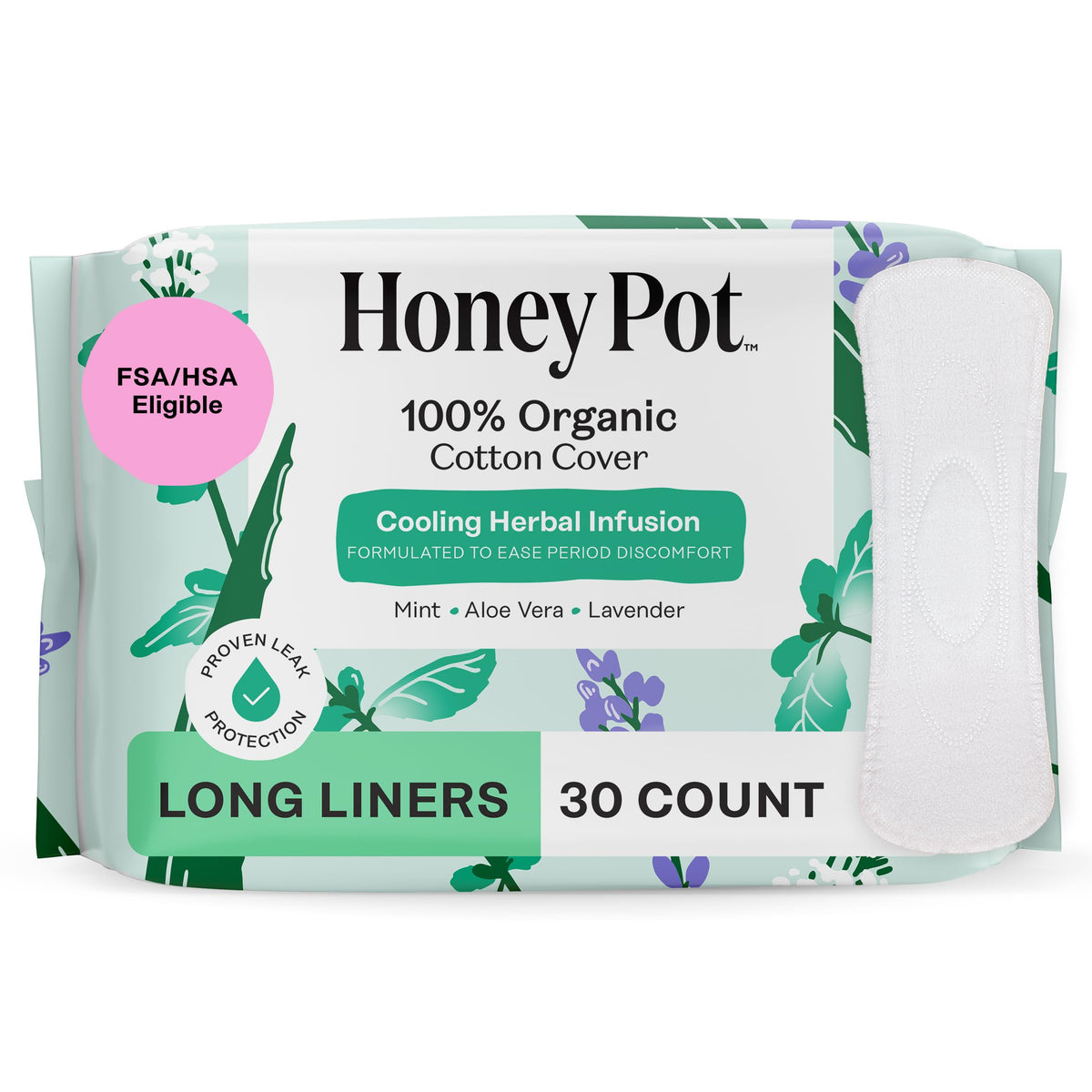The Honey Pot herbal long pantiliner two sizes pack for light days with cooling.