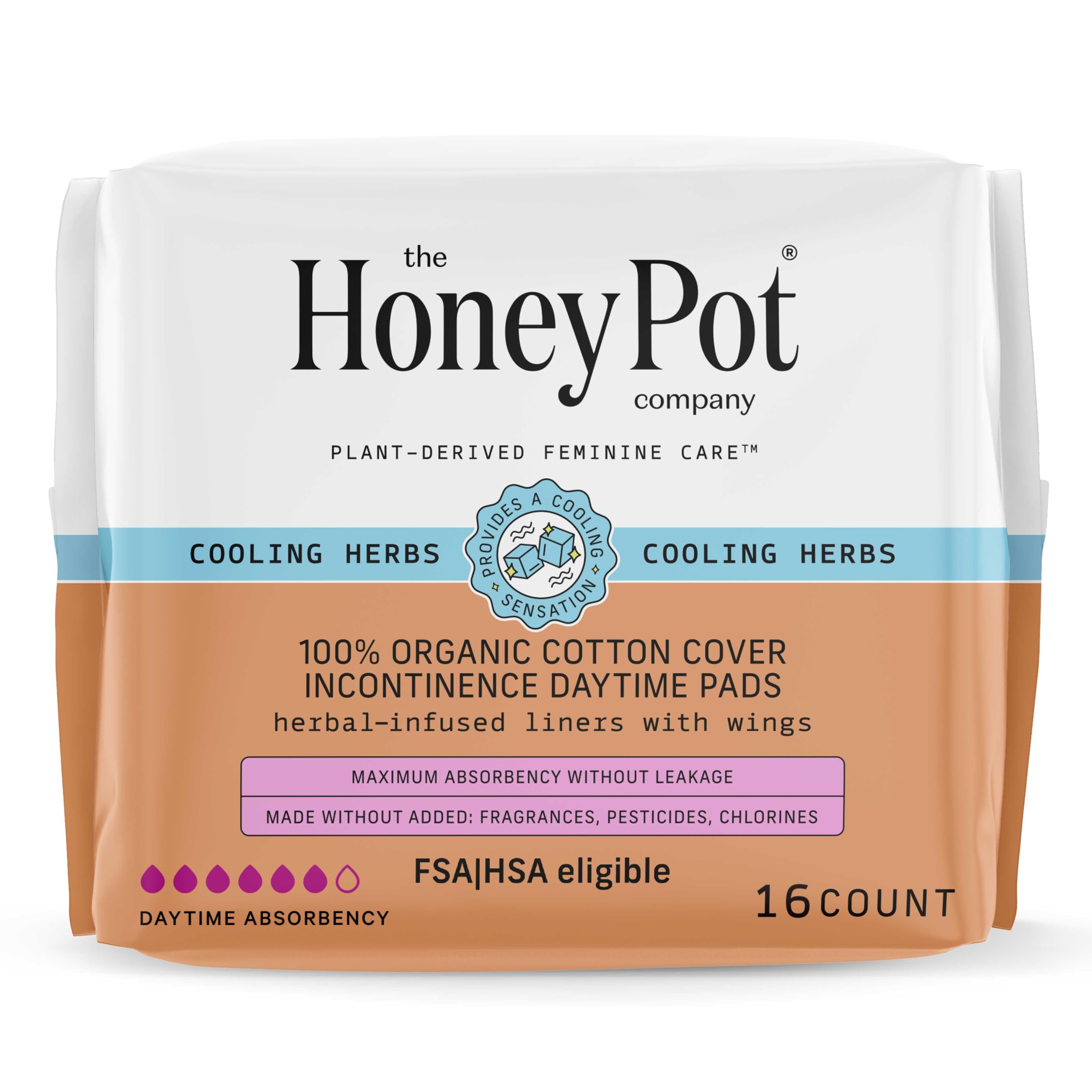 The Honey Pot Company packaging shows herbal pads with wings for secure daytime wear.