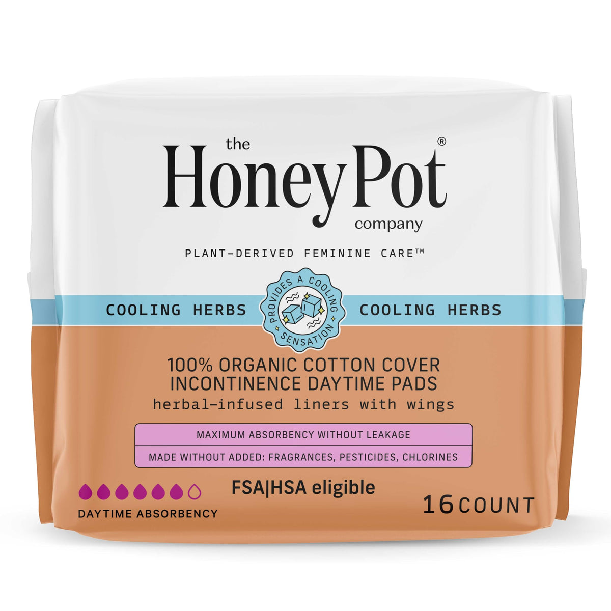 The Honey Pot Company packaging shows herbal pads with wings for secure daytime wear.