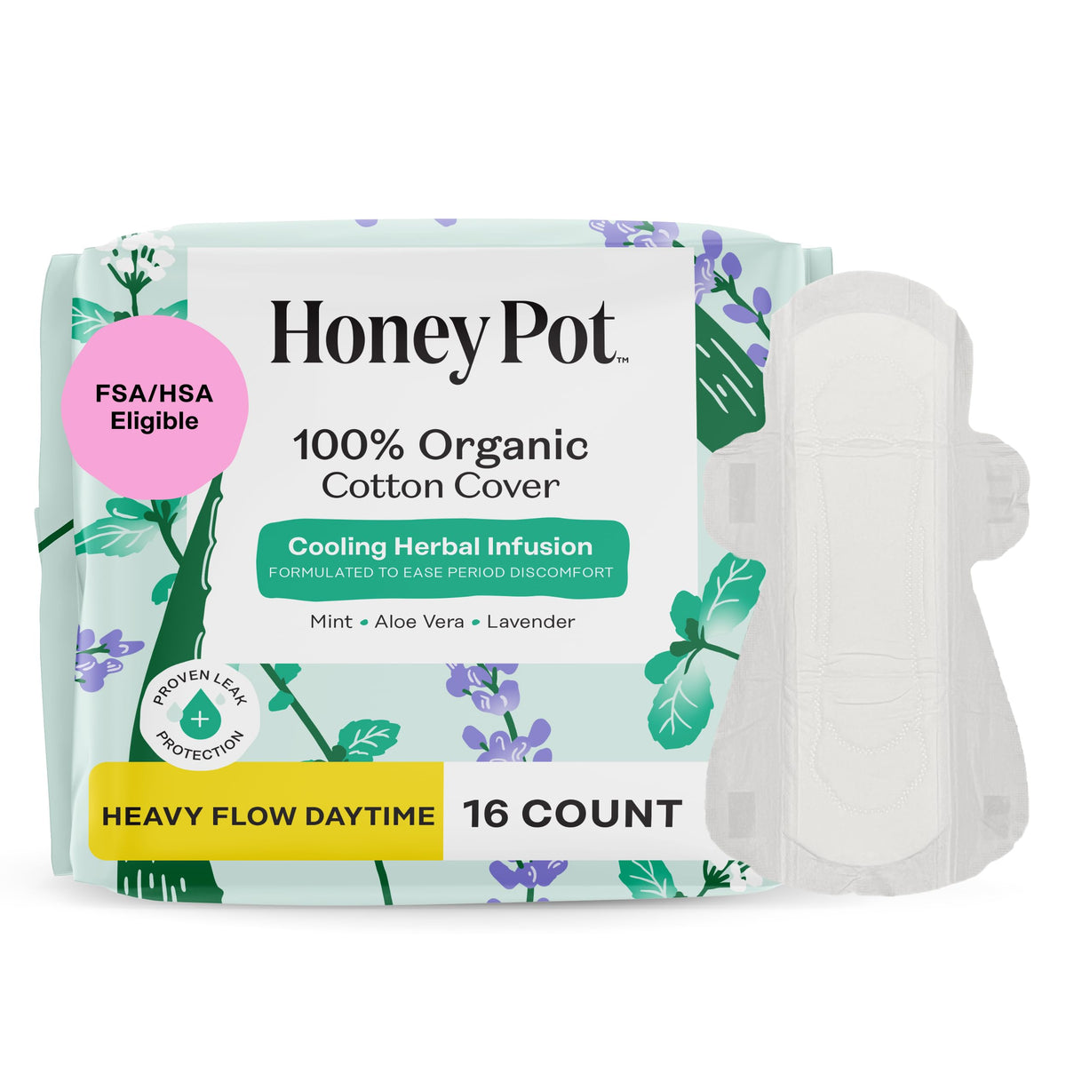The Honey Pot herbal pads with wings provide secure protection for heavy flow in daily wear.