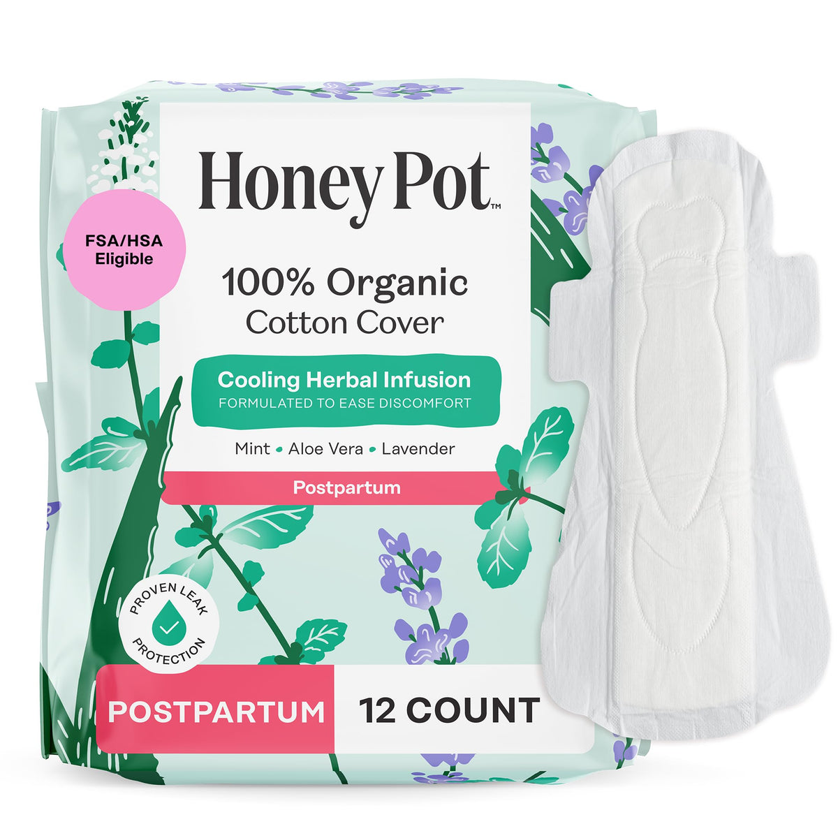 The Honey Pot packaging box showing herbal postpartum pads with wings for cooling comfort