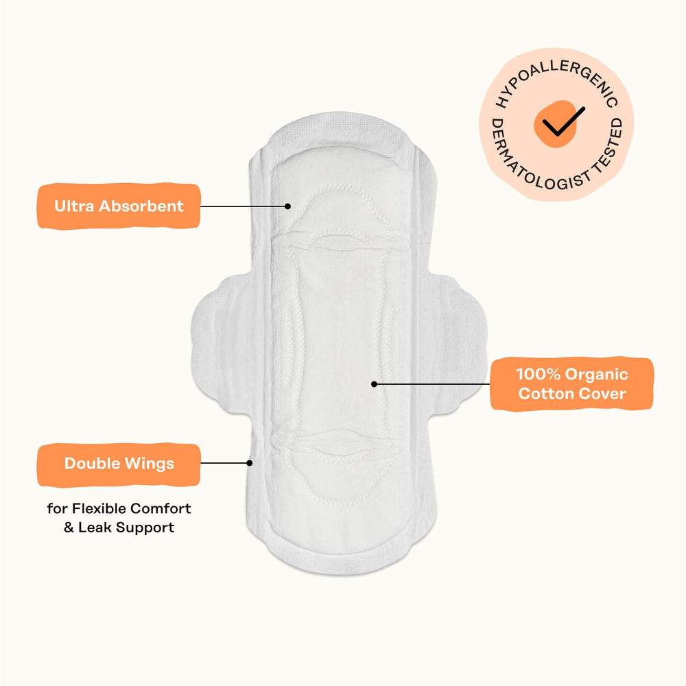 The Honey Pot non-herbal pads with wings dermatologist-tested symbol underscores skin-safety.