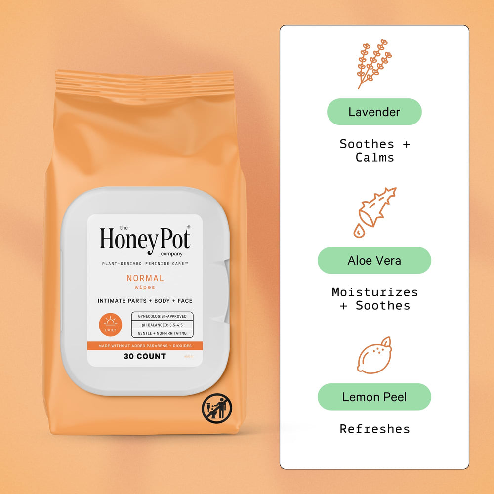 The Honey Pot Normal Feminine Wipes close-up highlights the soft textured wipe.