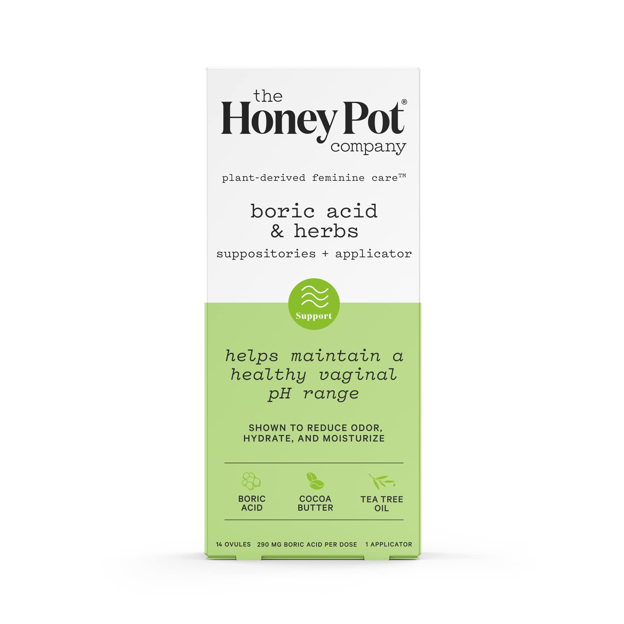 The Honey Pot packaging for 7-Day Boric Acid Suppositories ready for pH balance support