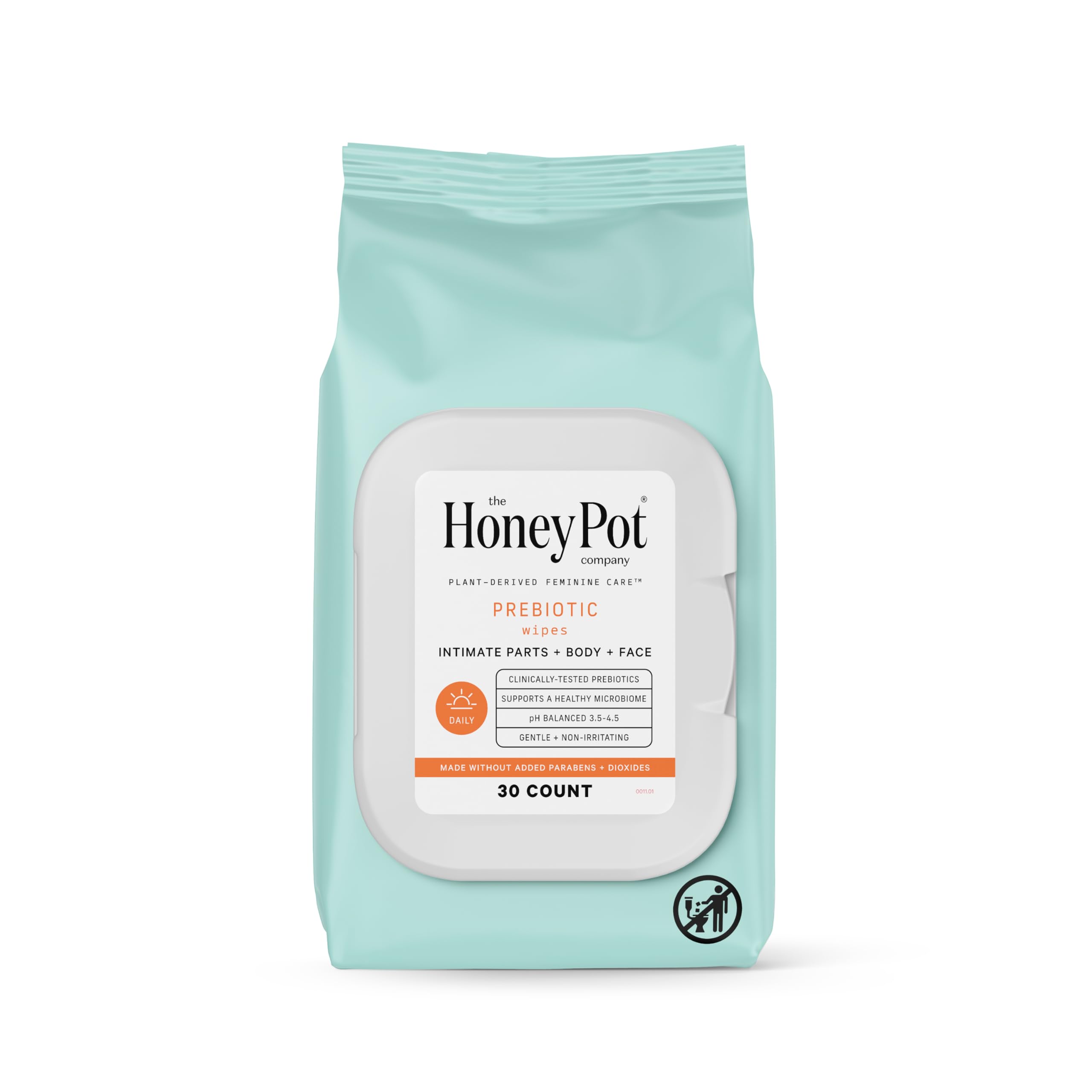 The Honey Pot Prebiotic Wipes pack front view for easy daily intimate care.