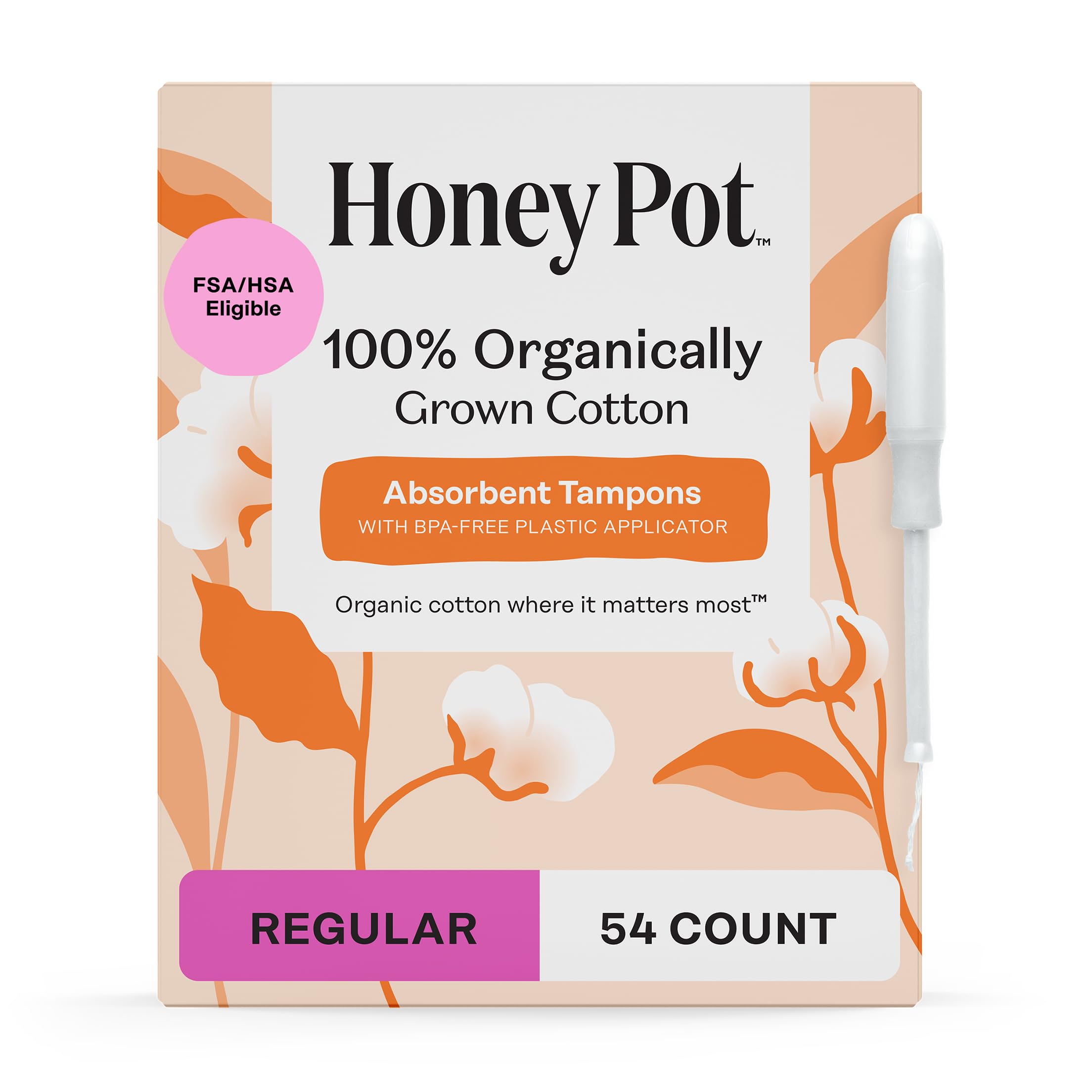 The Honey Pot Regular Absorbency tampon with bio-plastic applicator for quick, clean insertion.