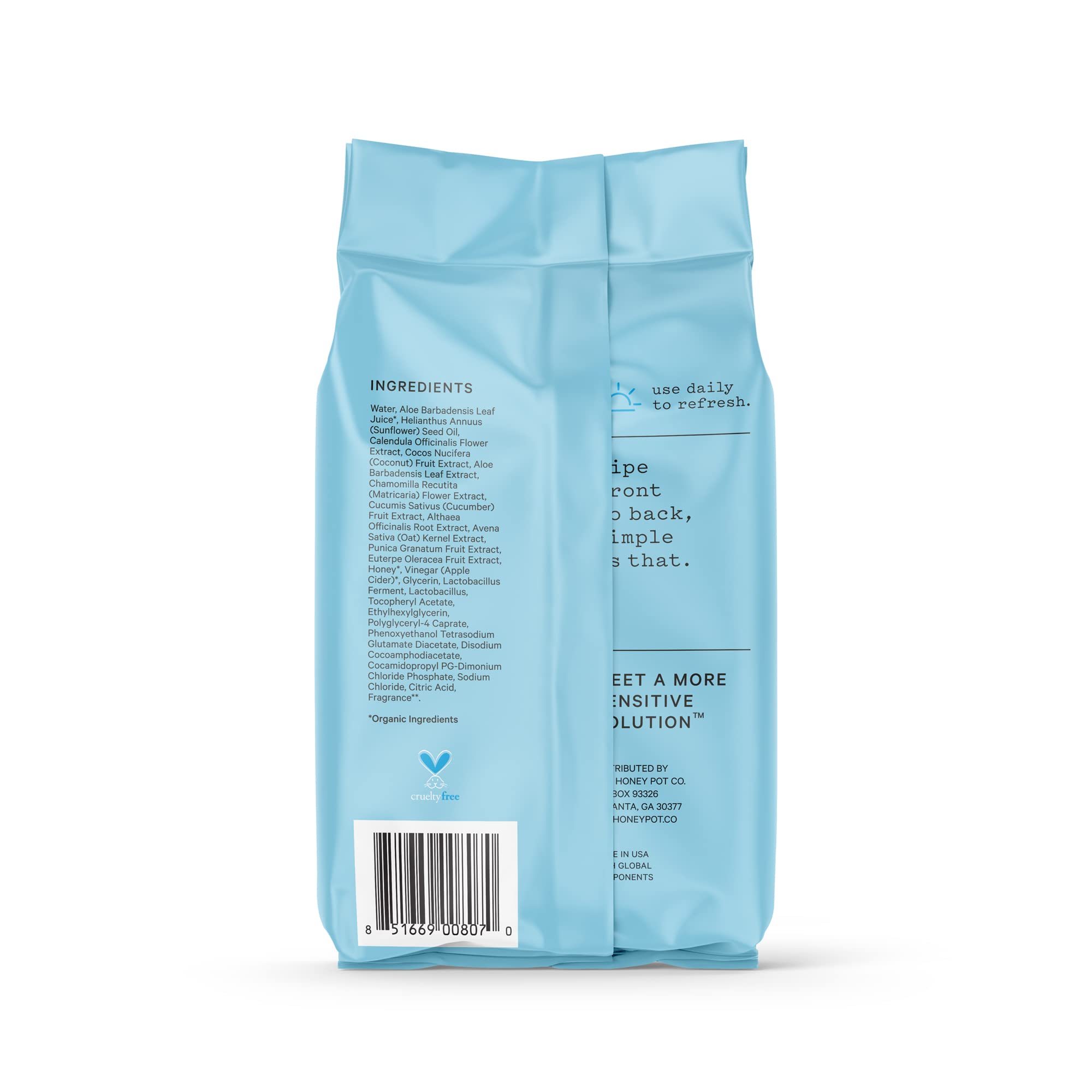 The Honey Pot Sensitive Feminine Wipes back label highlights fragrance and sulfate free promise.